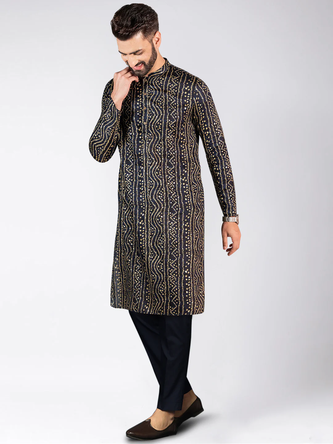 Men's Navy Blue Kurta Trousers Set - Image 3