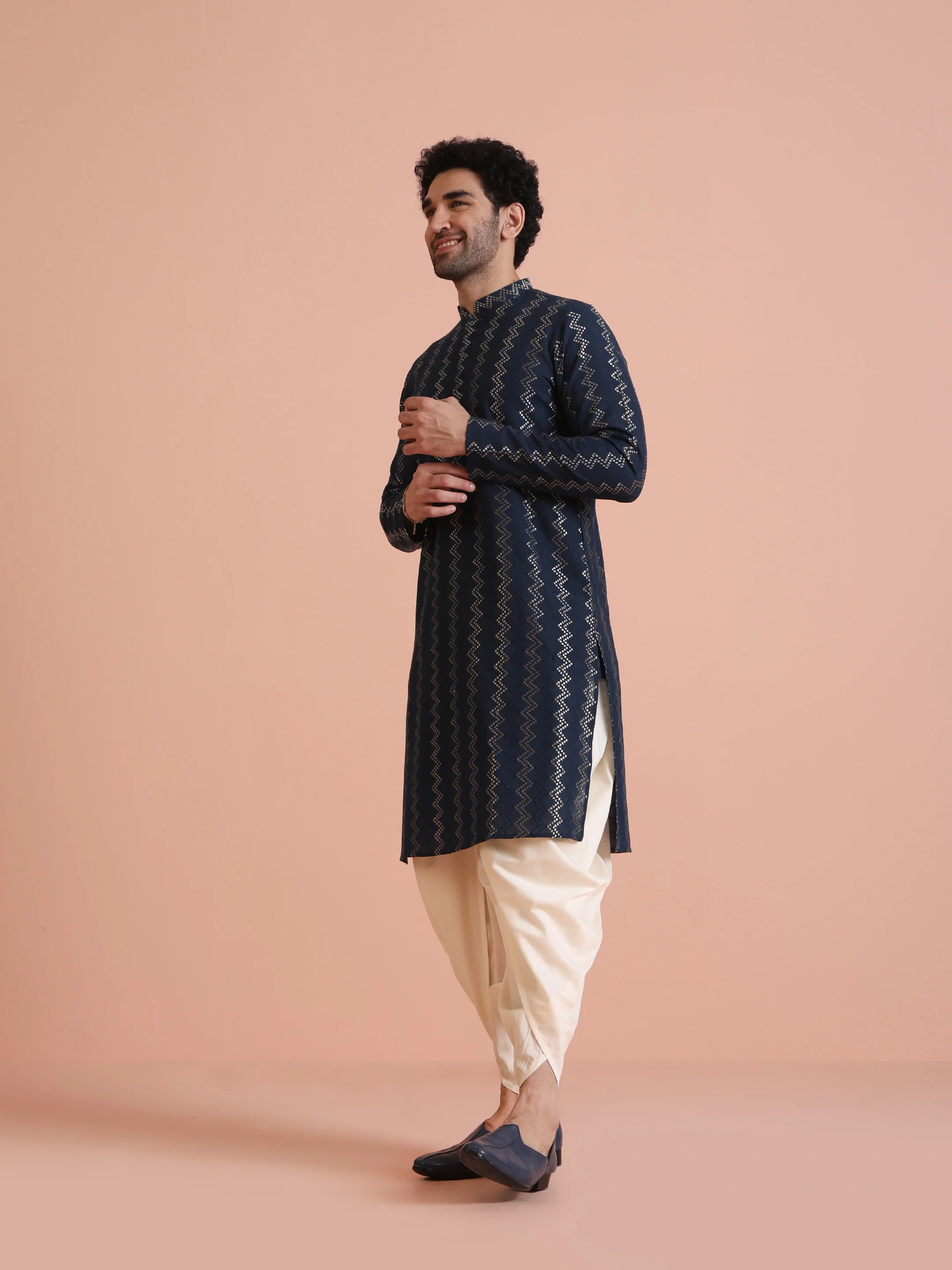 Navy Art Silk Zigzag Kurta - Image 3