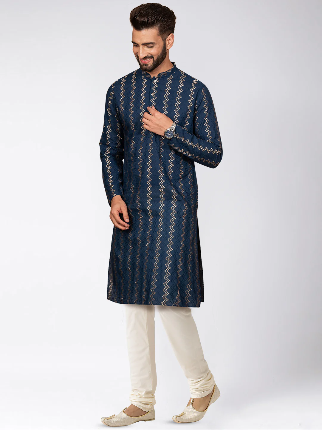 Navy Art Silk Zigzag Kurta Cream Churidar Set - Image 3