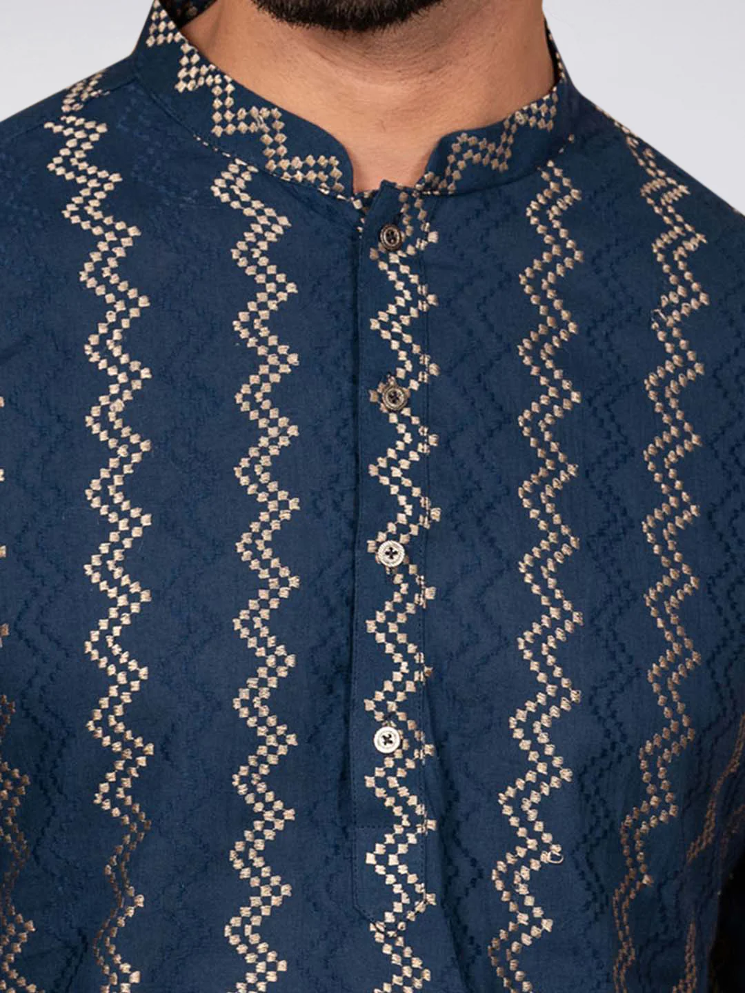 Navy Art Silk Zigzag Kurta Cream Churidar Set - Image 5