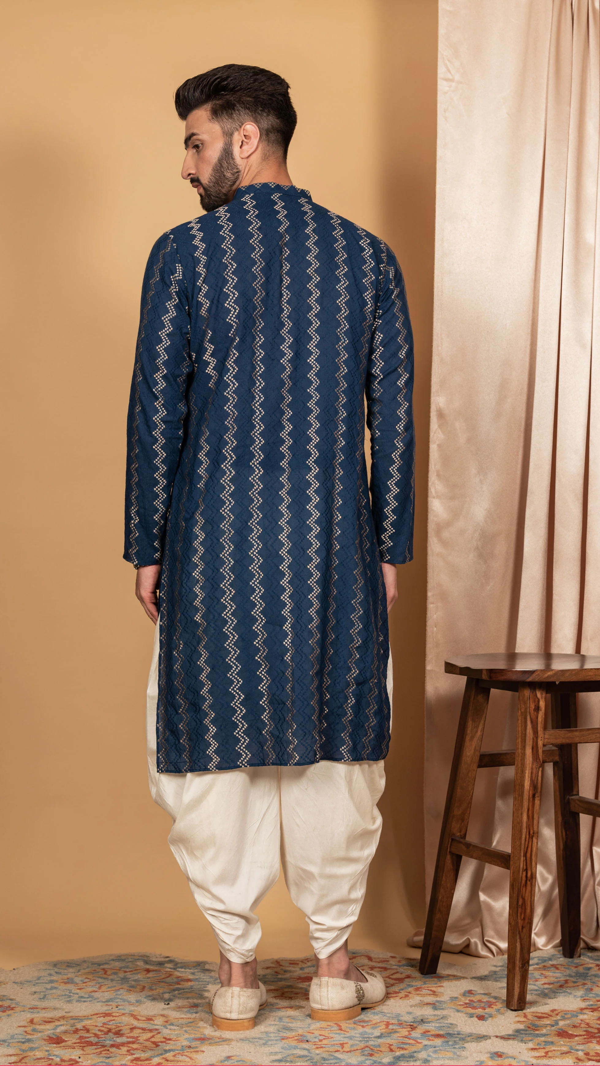 Men Navy Blue Chevron Textured Kurta Dhoti Set - Image 4