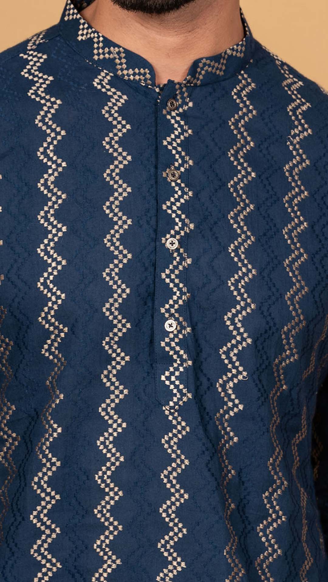 Men Navy Blue Chevron Textured Kurta Dhoti Set - Image 6