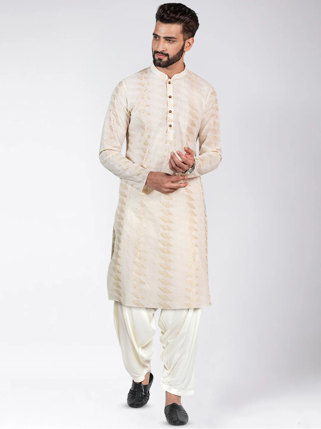 Cream Art Silk Geometric Textured Long Kurta - Image 6