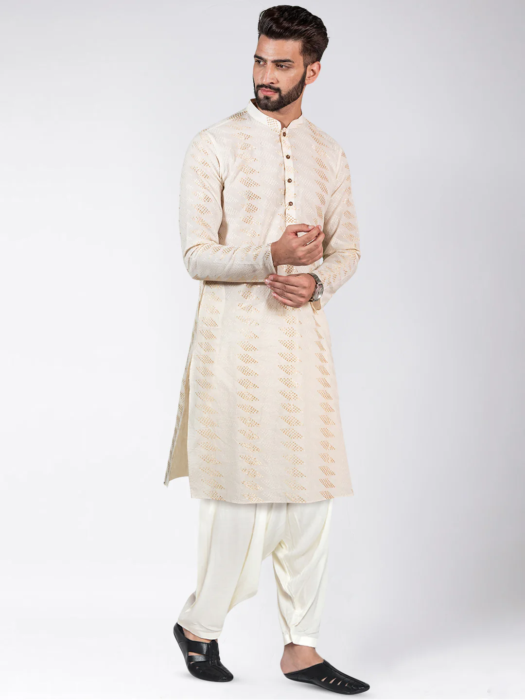 Cream Art Silk Geometric Textured Long Kurta - Image 7