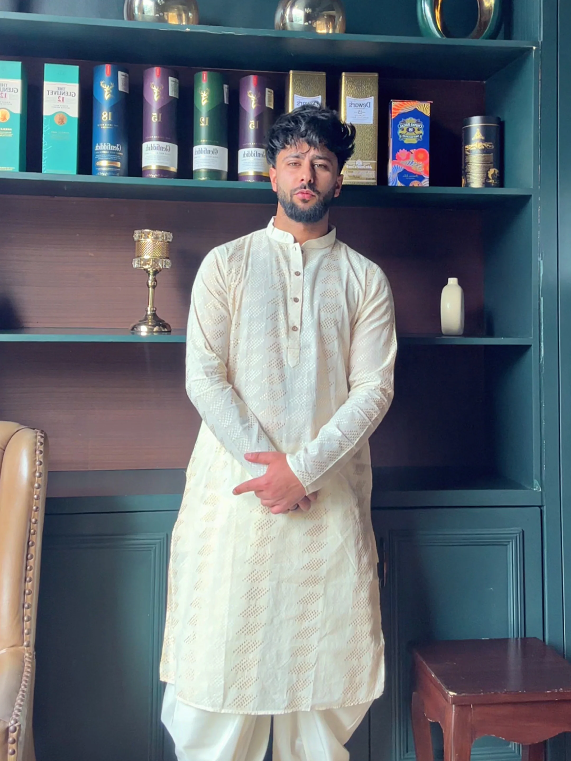 Cream Art Silk Geometric Textured Long Kurta - Image 8