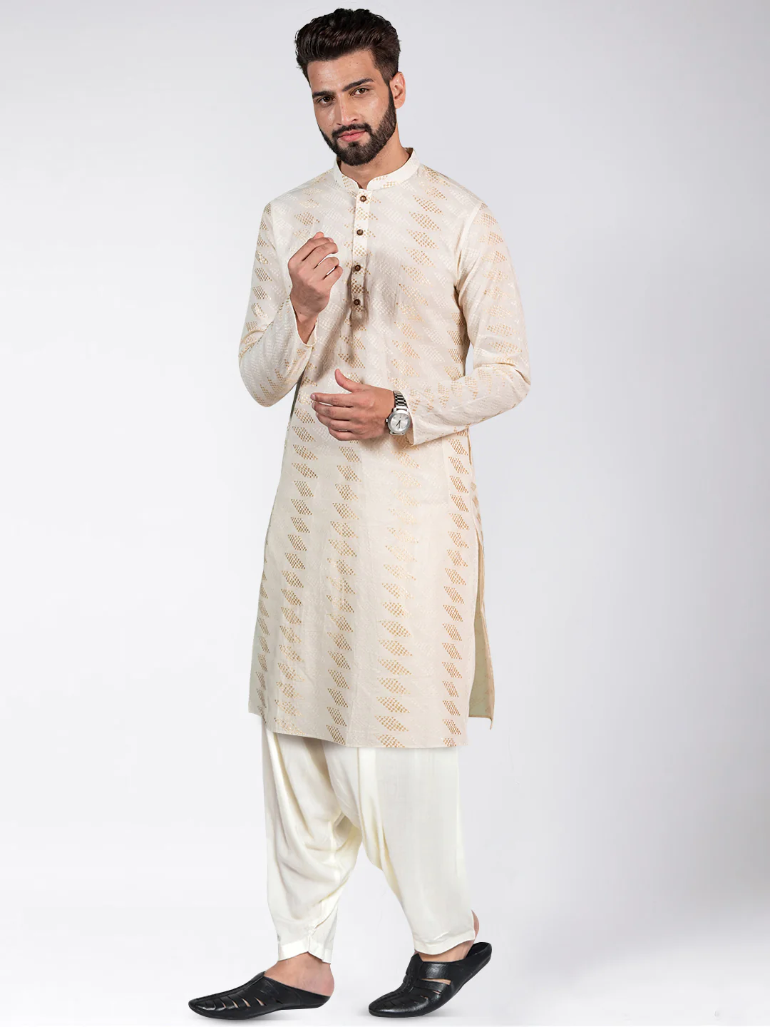 Cream Silk Blend Geometric Kurta Patiyala - Image 3