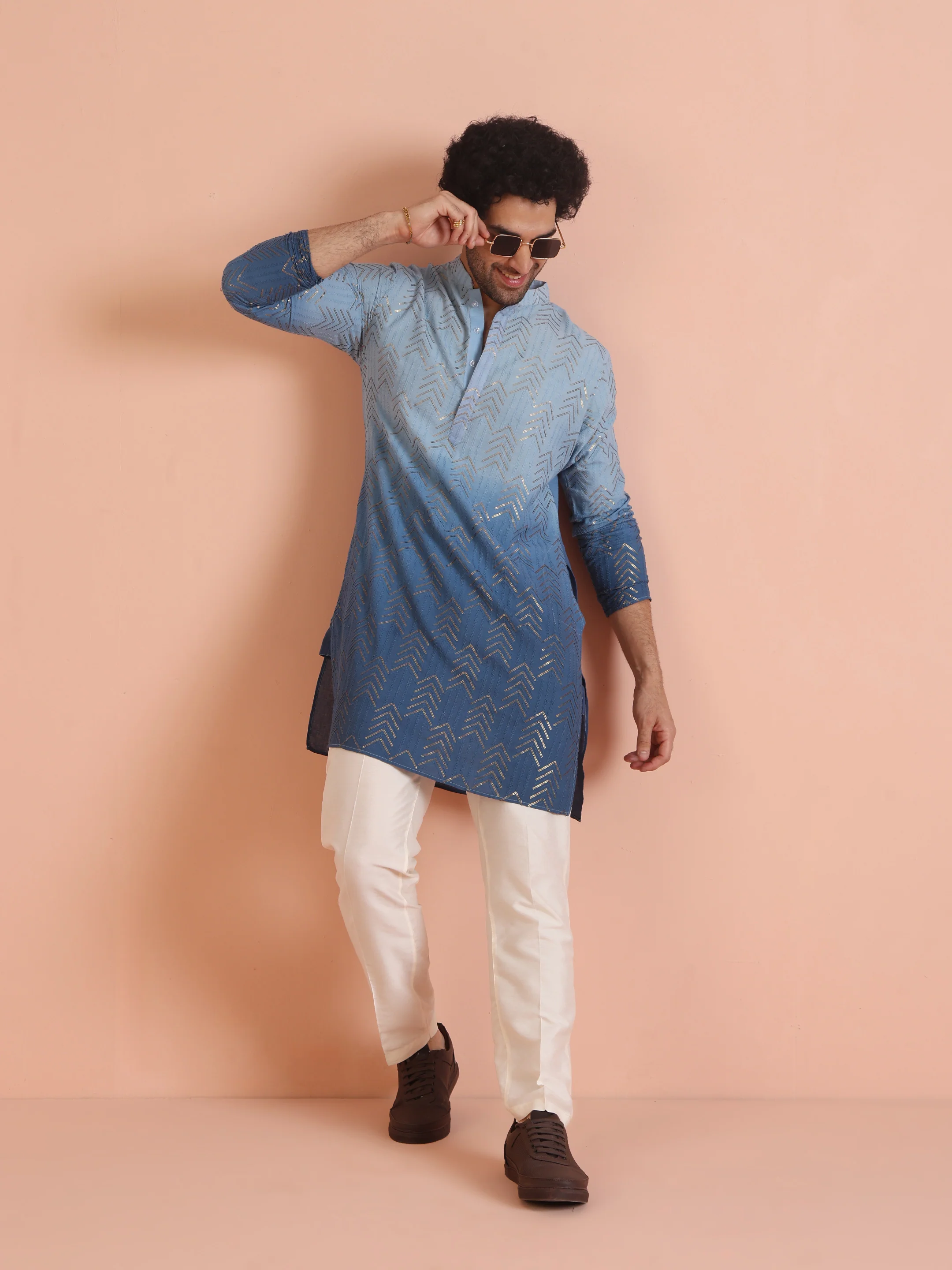 Men Navy Blue Kurta Set - Image 3