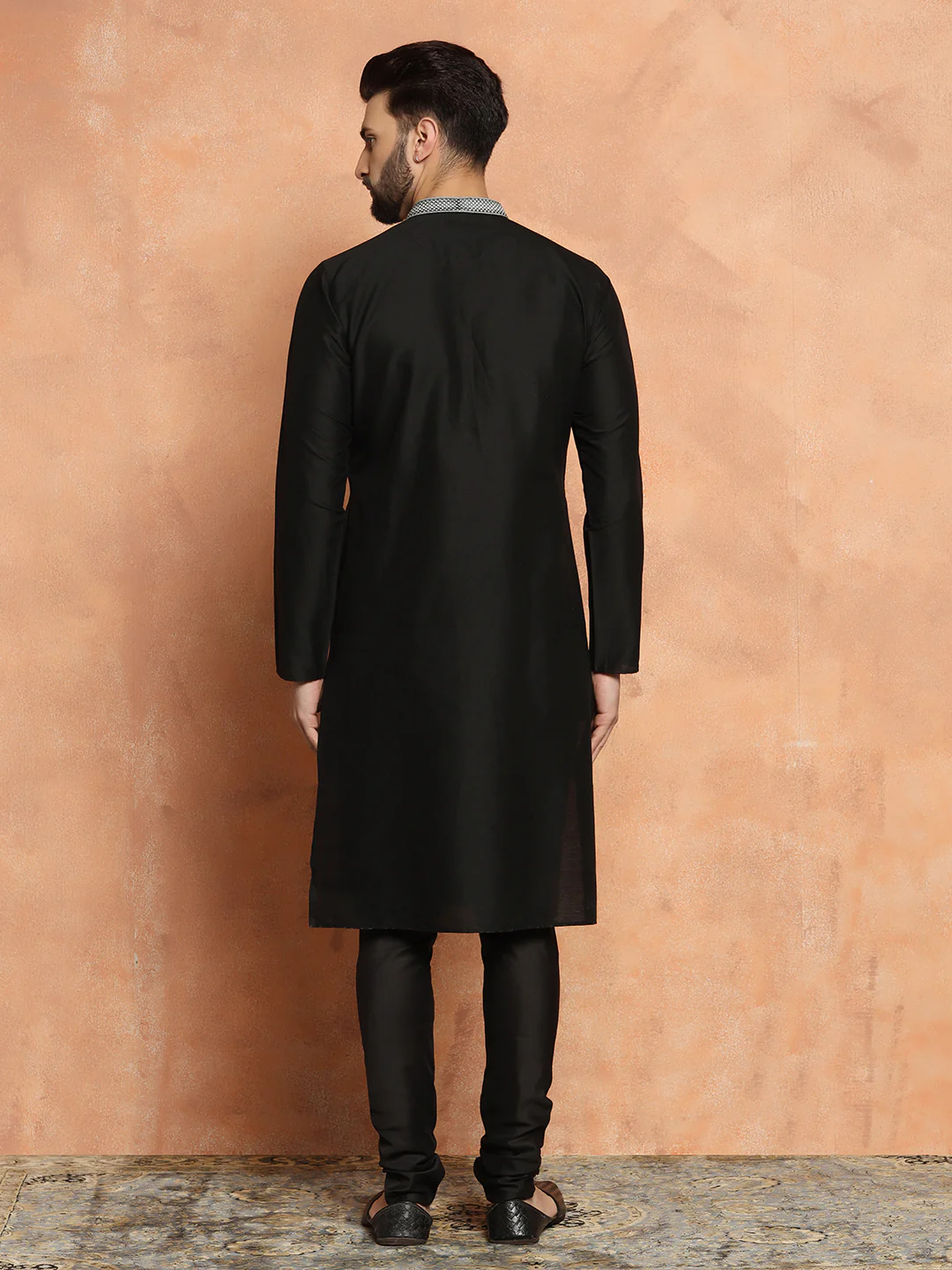 Black Cotton Silk Kurta Churidar Set - Image 4