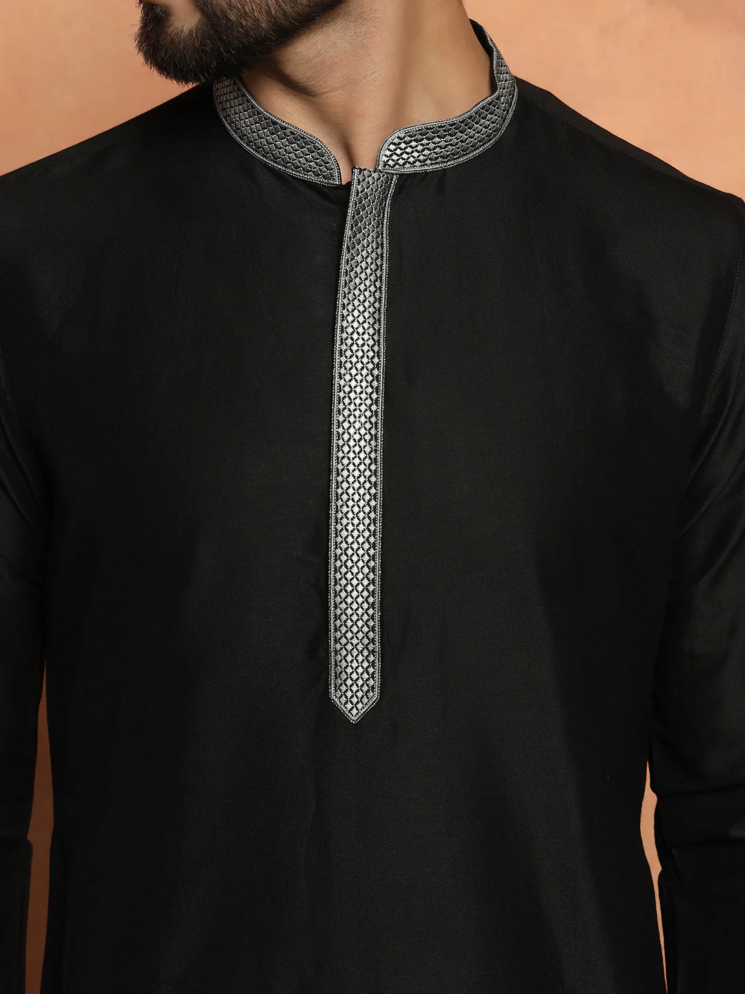 Black Cotton Silk Kurta Churidar Set - Image 5