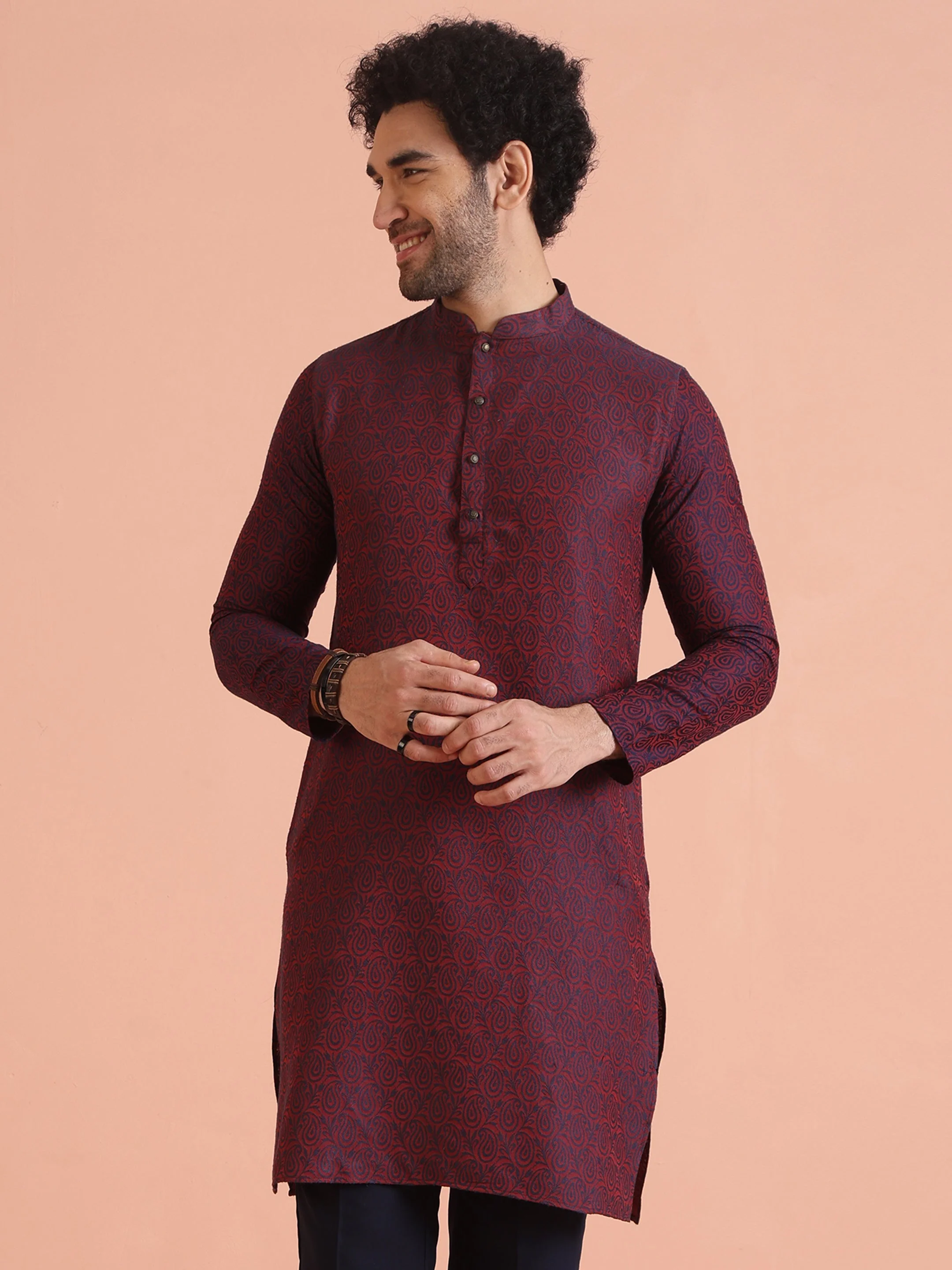 Maroon Cotton Silk Paisley Printed Kurta - Image 7
