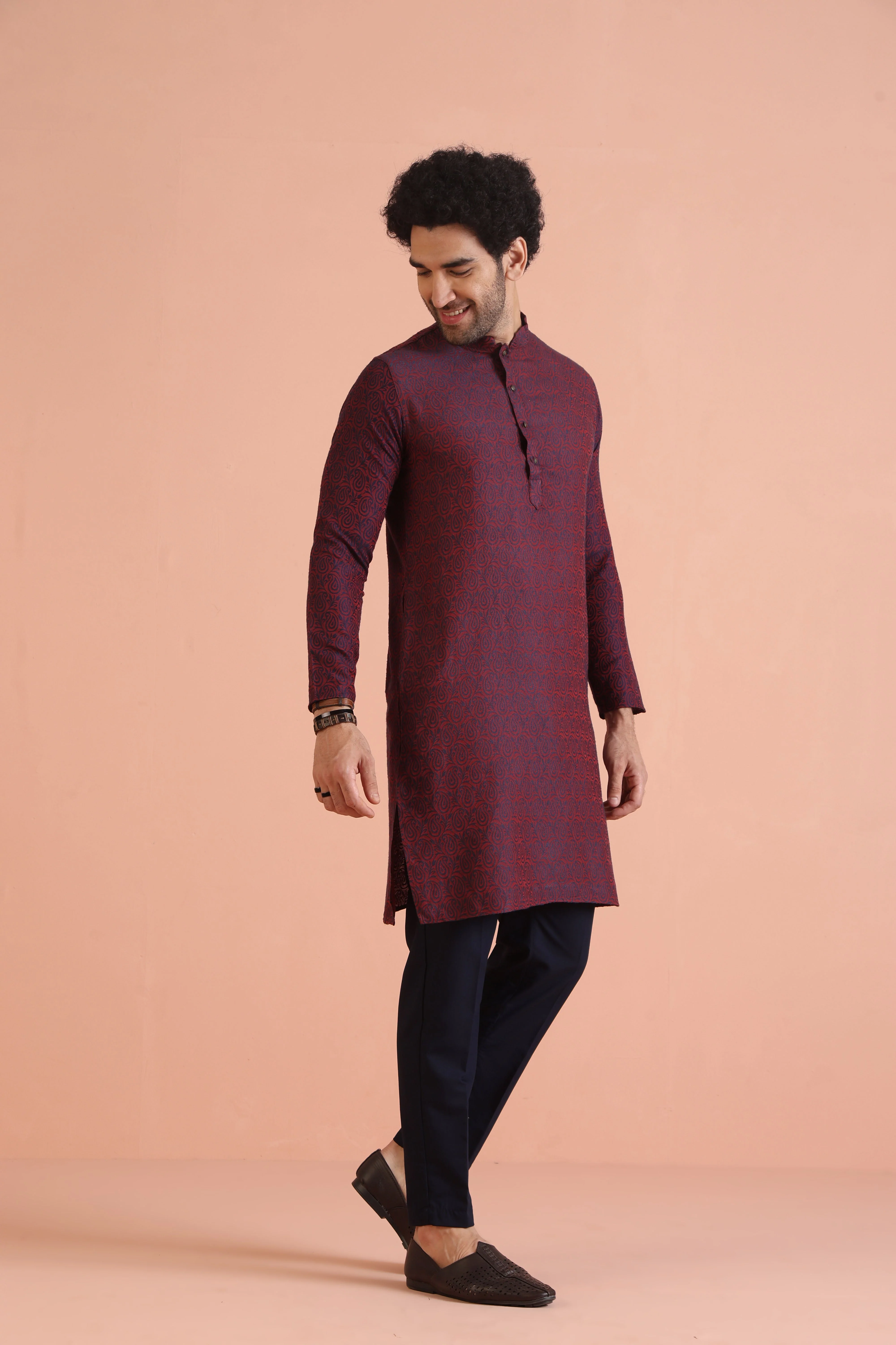 Maroon Cotton Silk Paisley Printed Kurta - Image 8