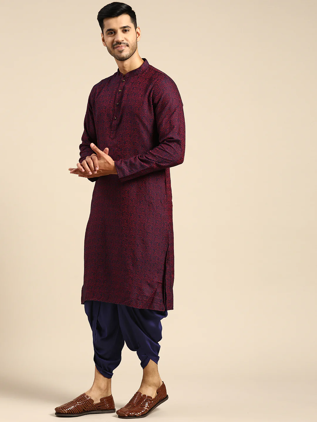 Men Purple Ethnic Motifs Kurta Dhoti Pant Set - Image 3