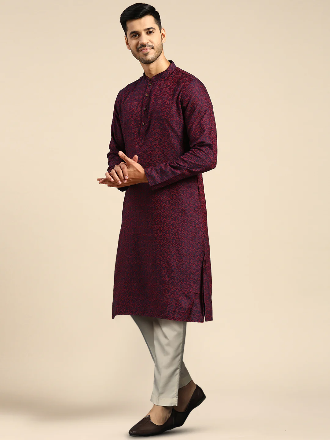 Maroon Cotton Silk Printed Kurta with Trouser - Image 2