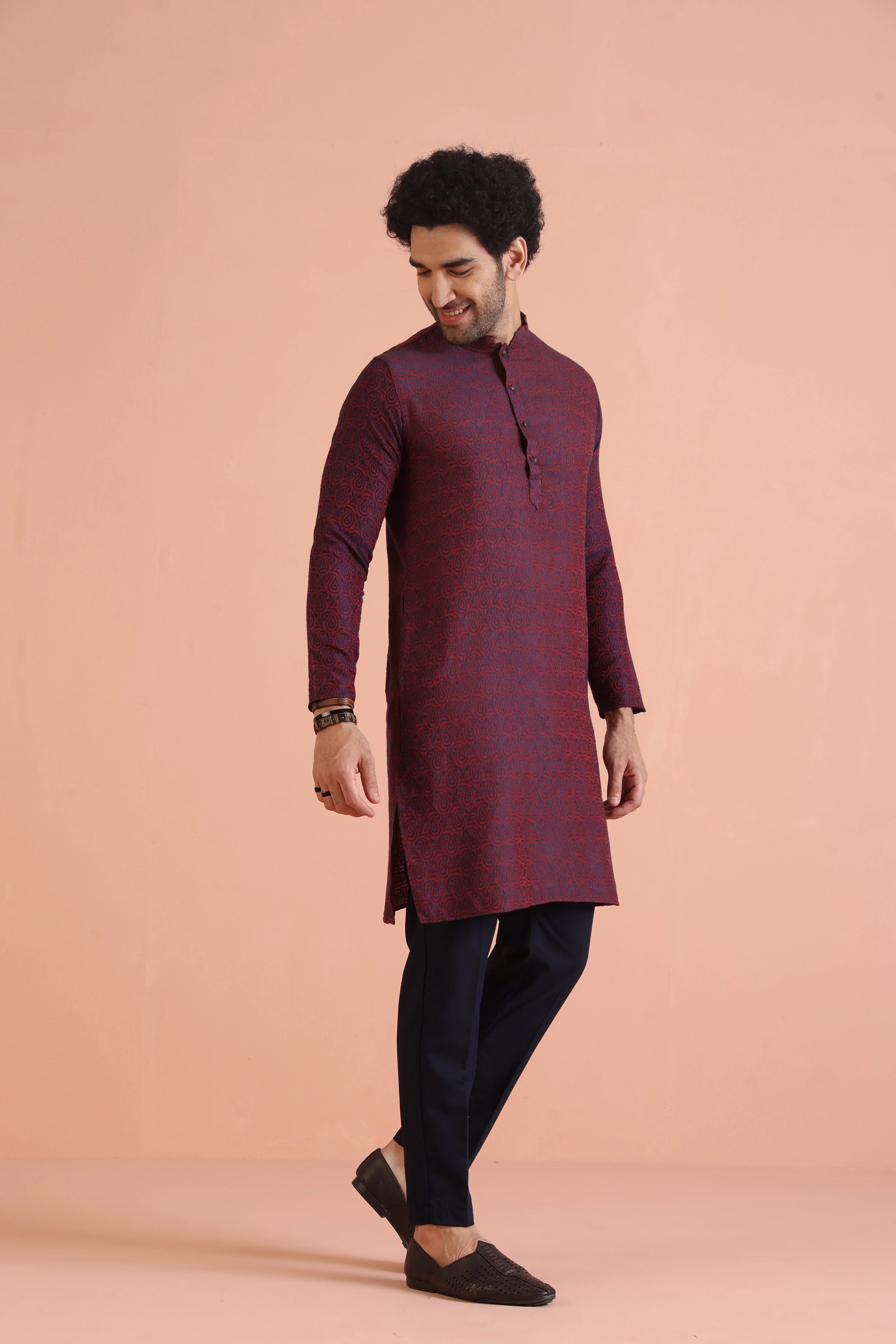 Maroon Cotton Silk Printed Kurta with Trouser - Image 2