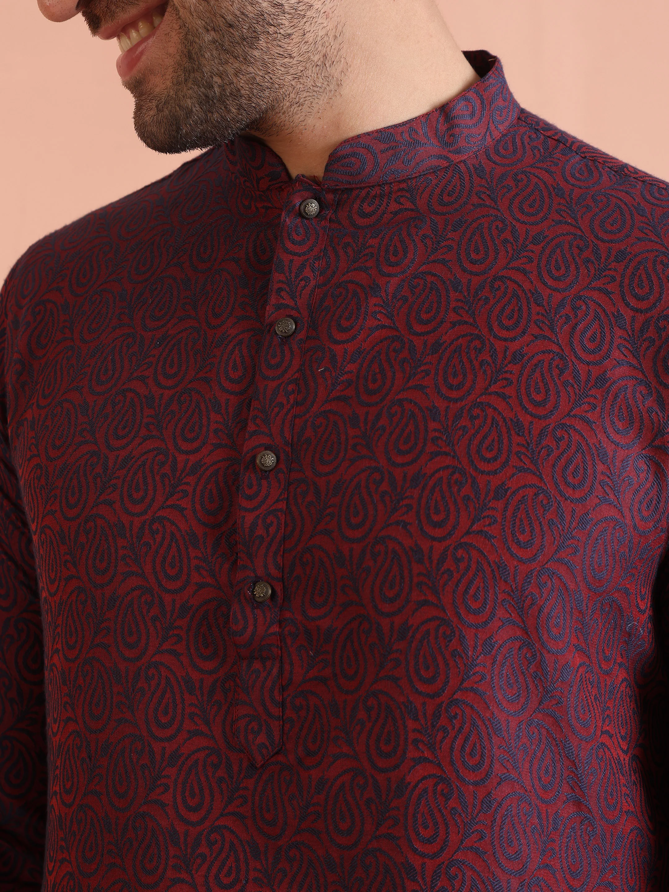 Maroon Cotton Silk Printed Kurta with Trouser - Image 5