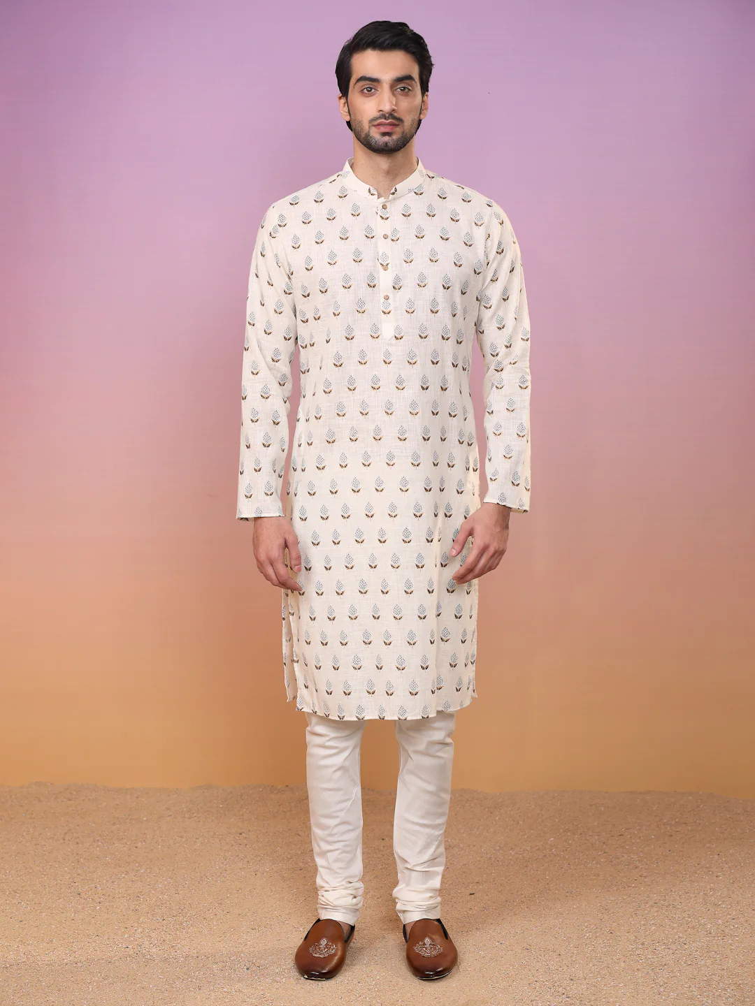 Men Cream Ethnic Motifs Kurta - Image 3