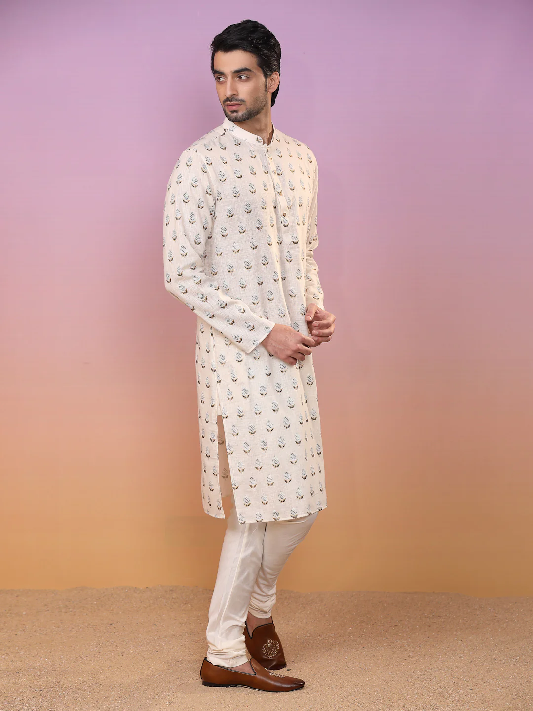 Men Cream Ethnic Motifs Kurta - Image 4