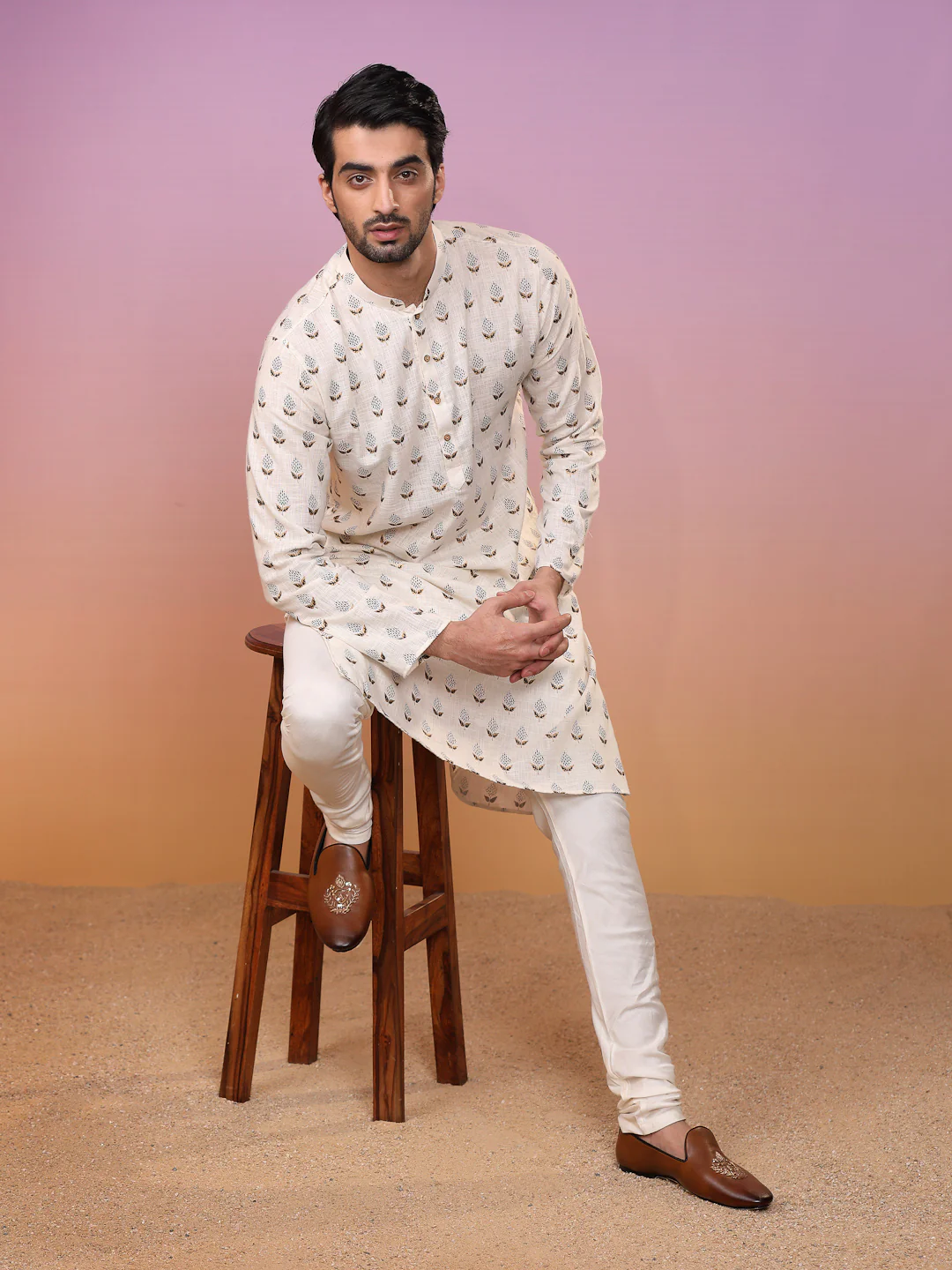 Men Cream Ethnic Motifs Kurta - Image 9
