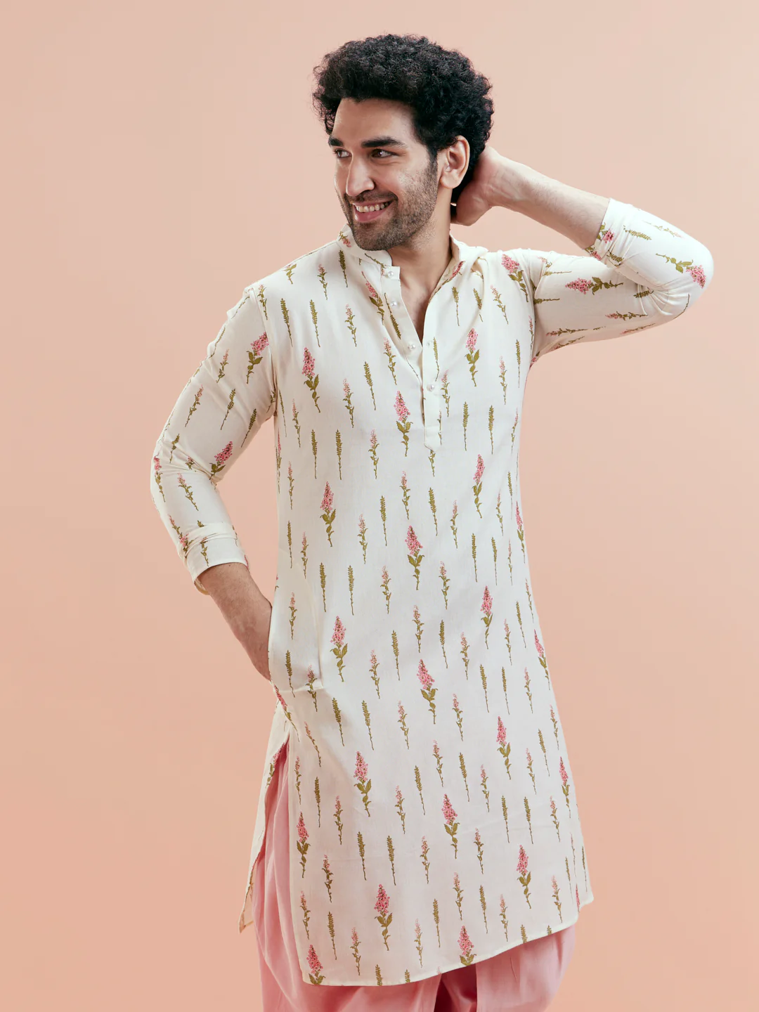 Cream Cotton Floral Printed Kurta - Image 6