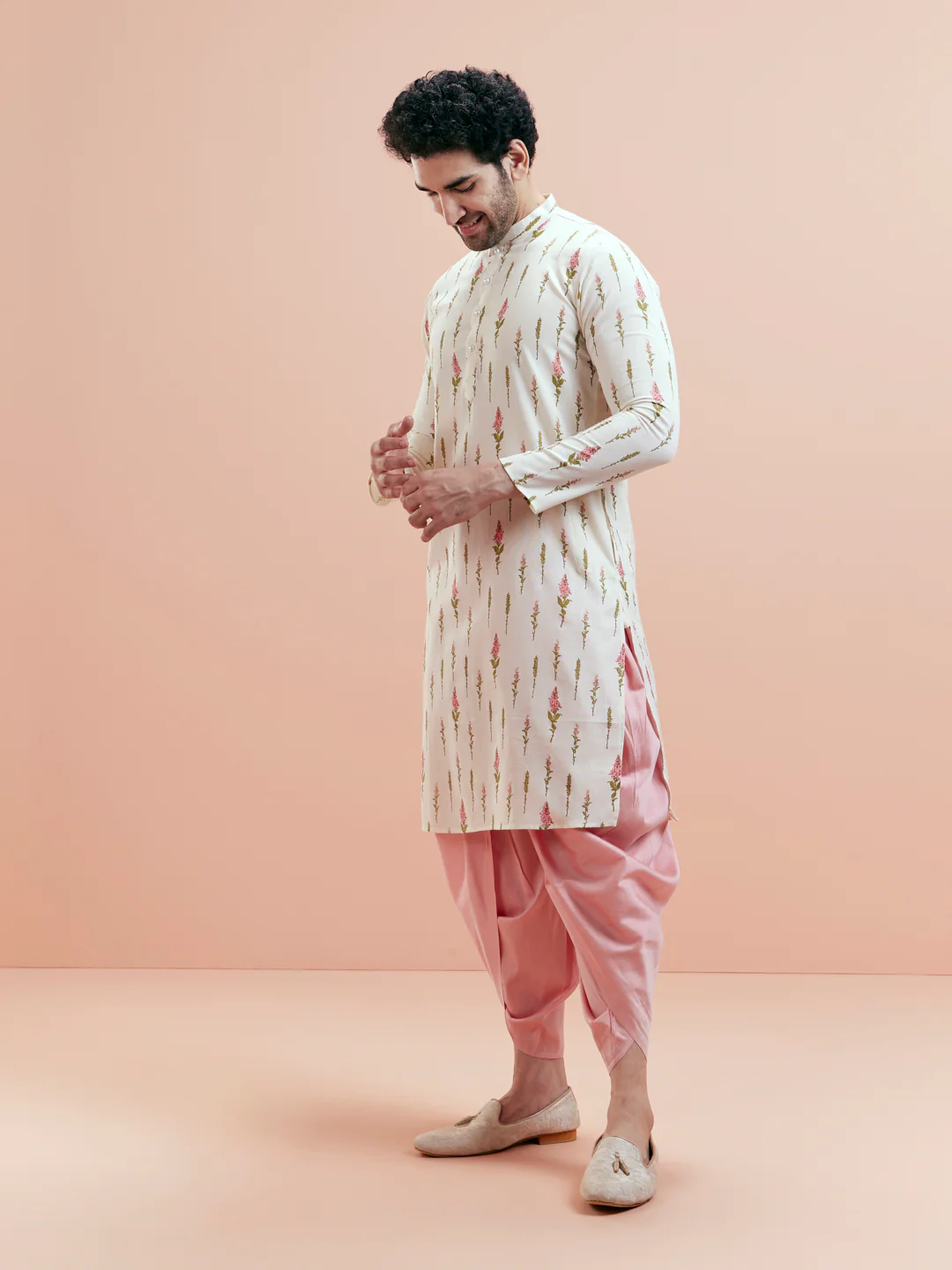 White Cotton Floral Printed Kurta Pink Dhoti Set - Image 4