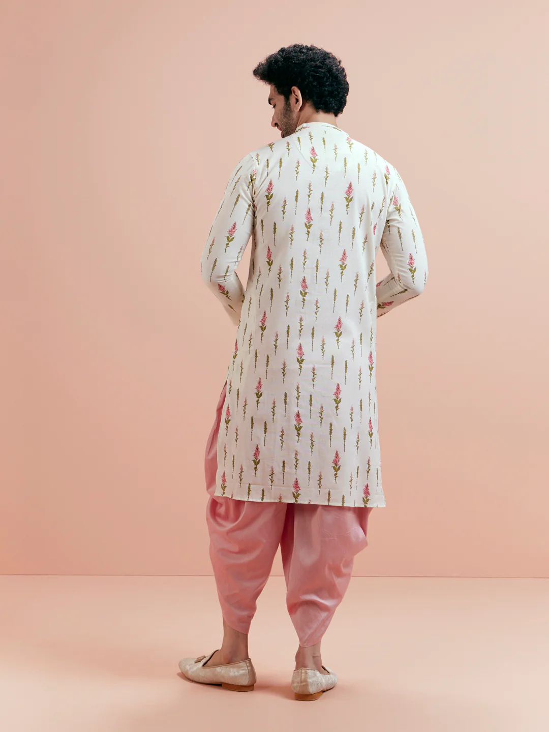 White Cotton Floral Printed Kurta Pink Dhoti Set - Image 5