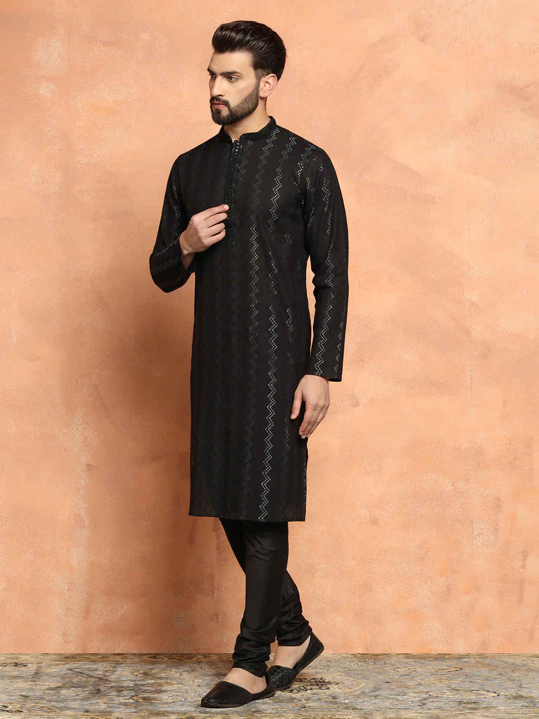 Black Jacquard Woven Silk Blend Kurta - Image 5