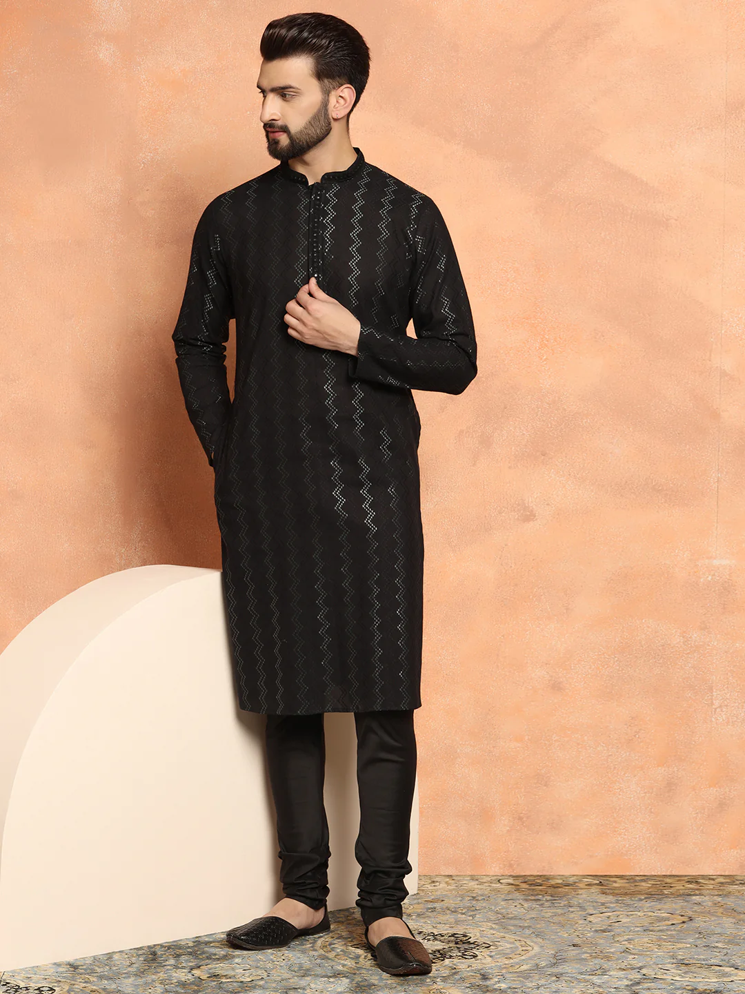 Black Jacquard Woven Silk Blend Kurta - Image 8