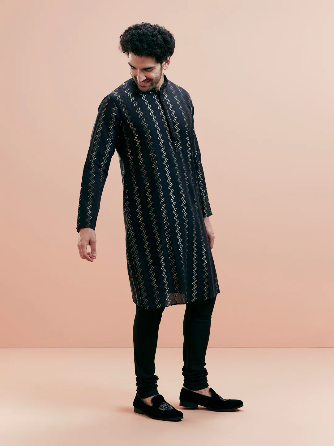 Black Jacquard Kurta Churidar Set - Image 3