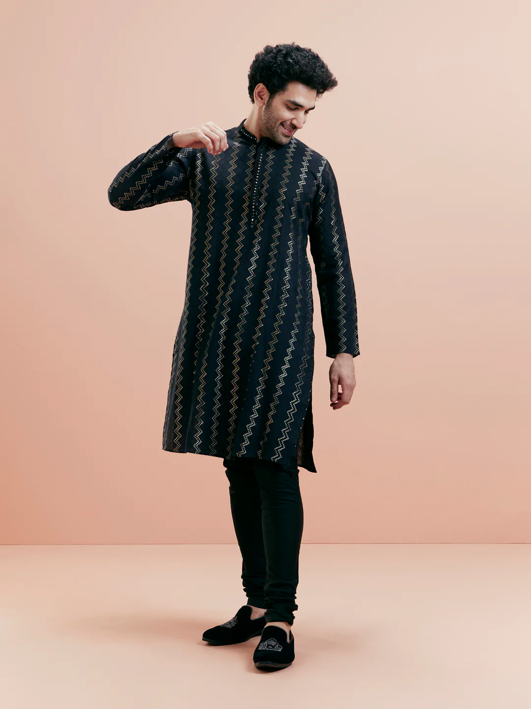 Black Jacquard Kurta Churidar Set - Image 2