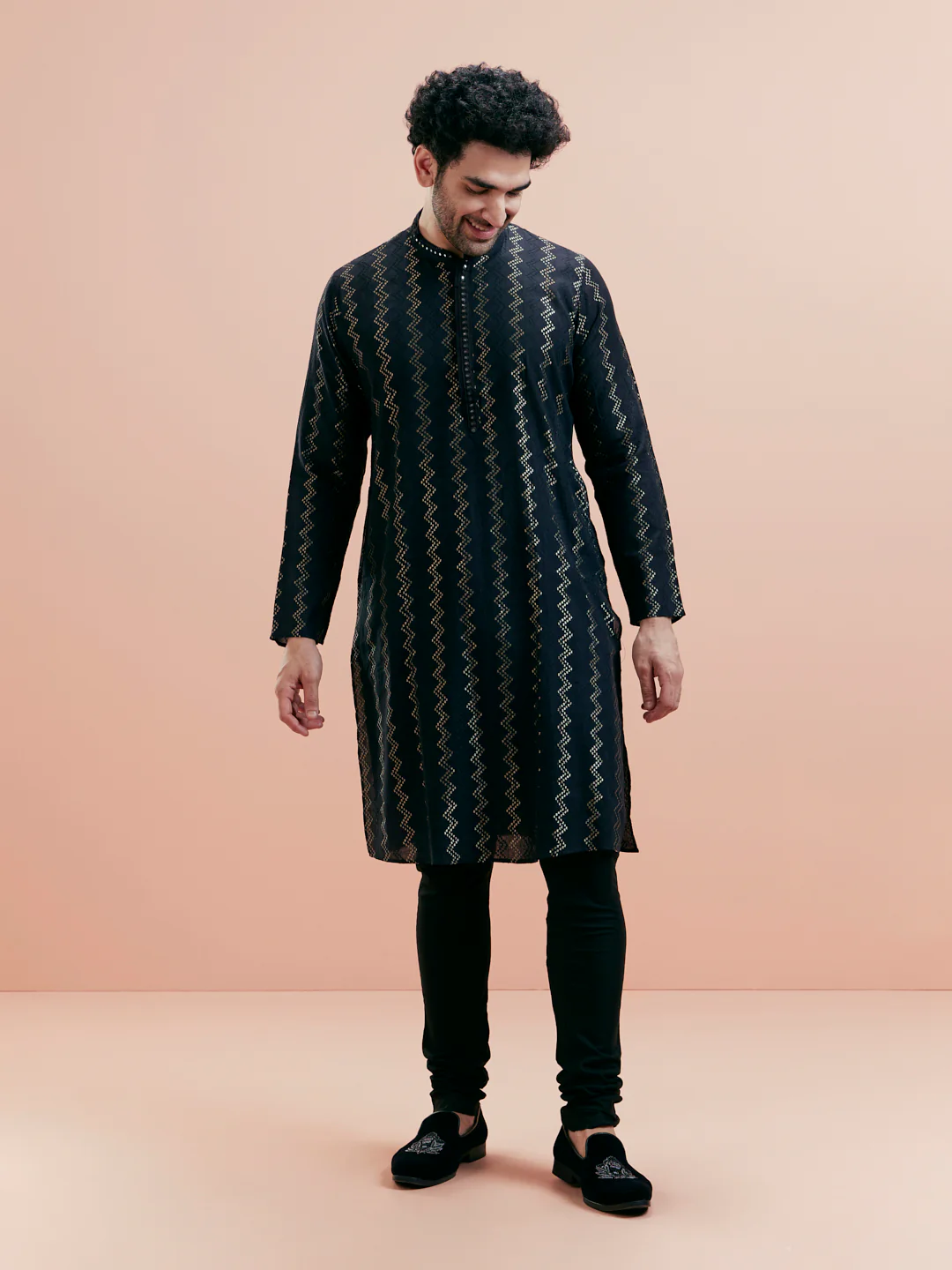 Black Jacquard Kurta Churidar Set - Image 3
