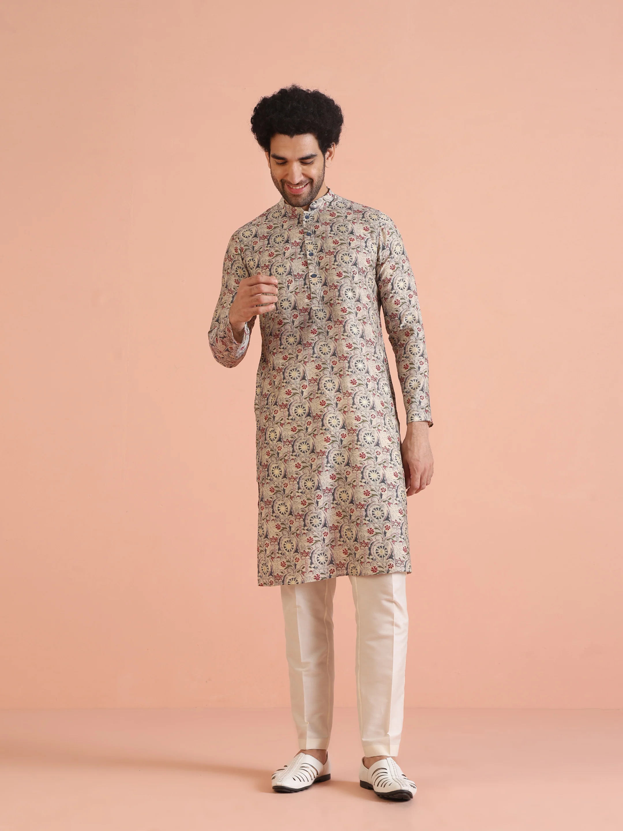 Multicolor Beige Printed Cotton Kurta - Image 8