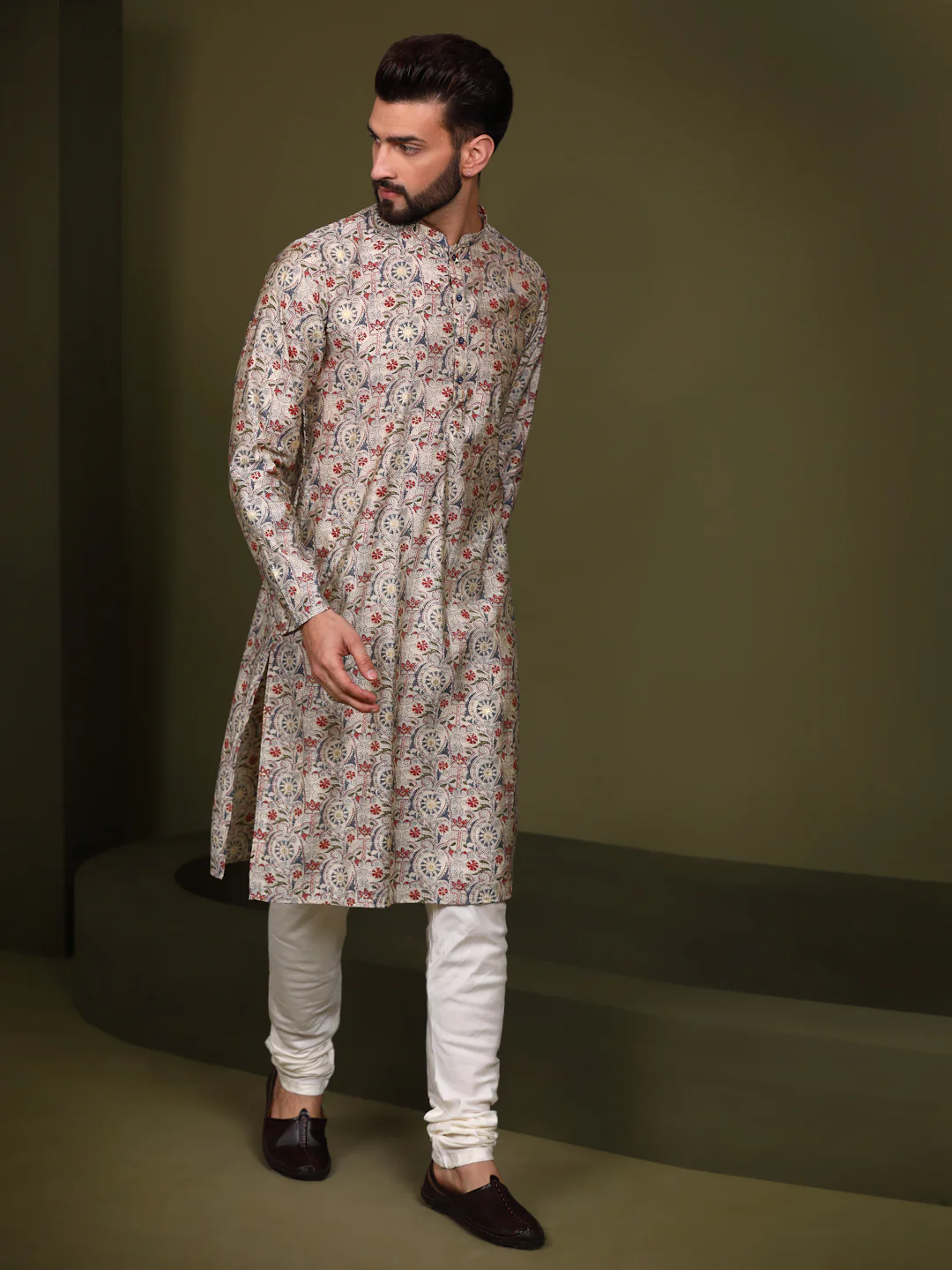 Cream Cotton Printed Kurta Churidar Set - Image 3