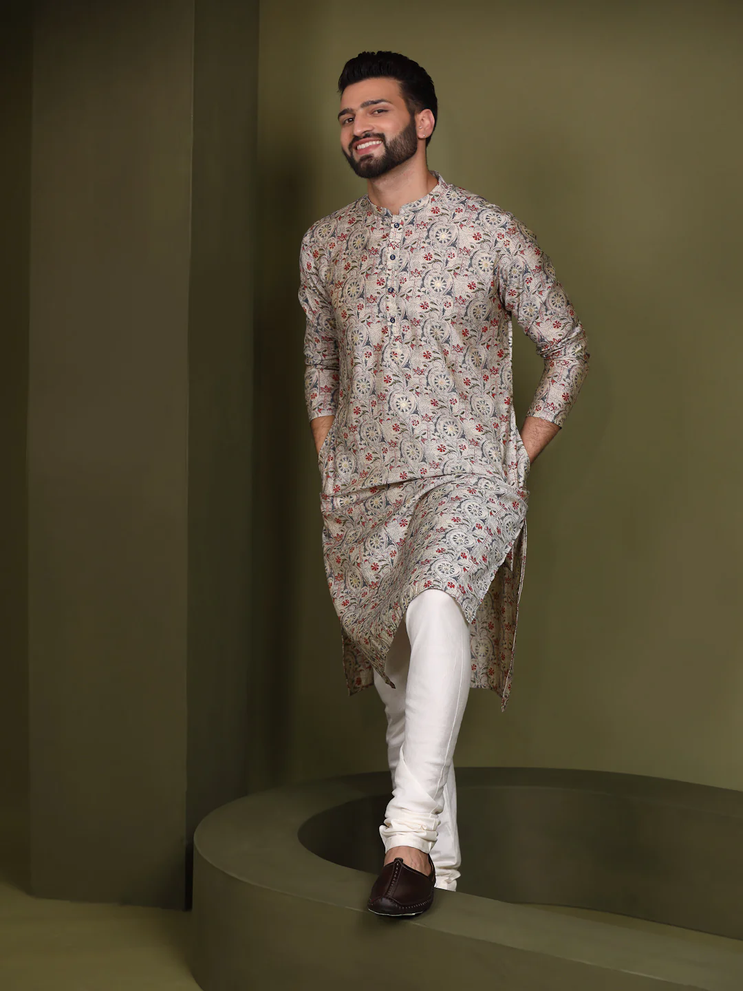 Cream Cotton Printed Kurta Churidar Set - Image 8