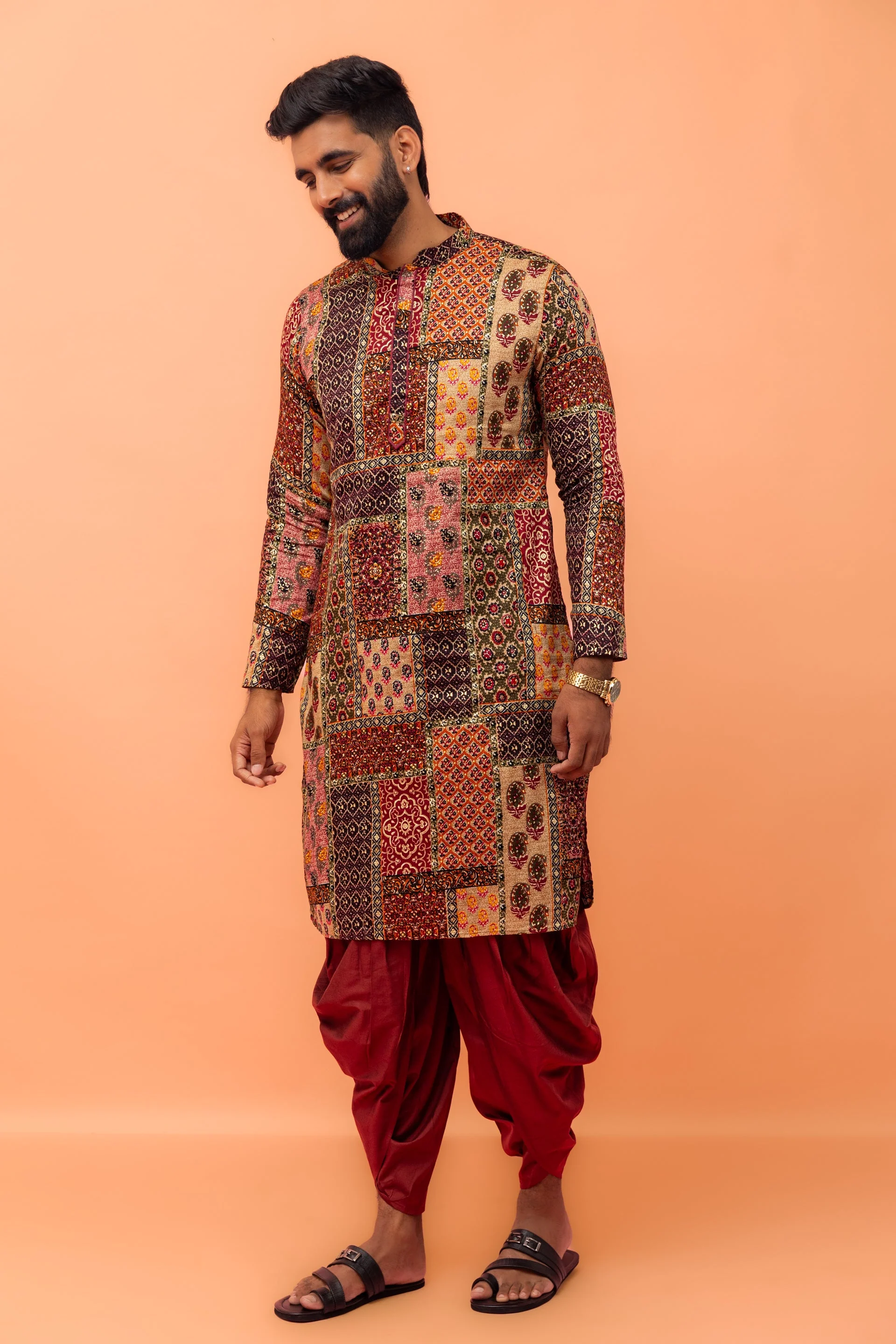 Men Multi-Color Patchwork Printed Kurta with Maroon Dhoti Set - Image 11