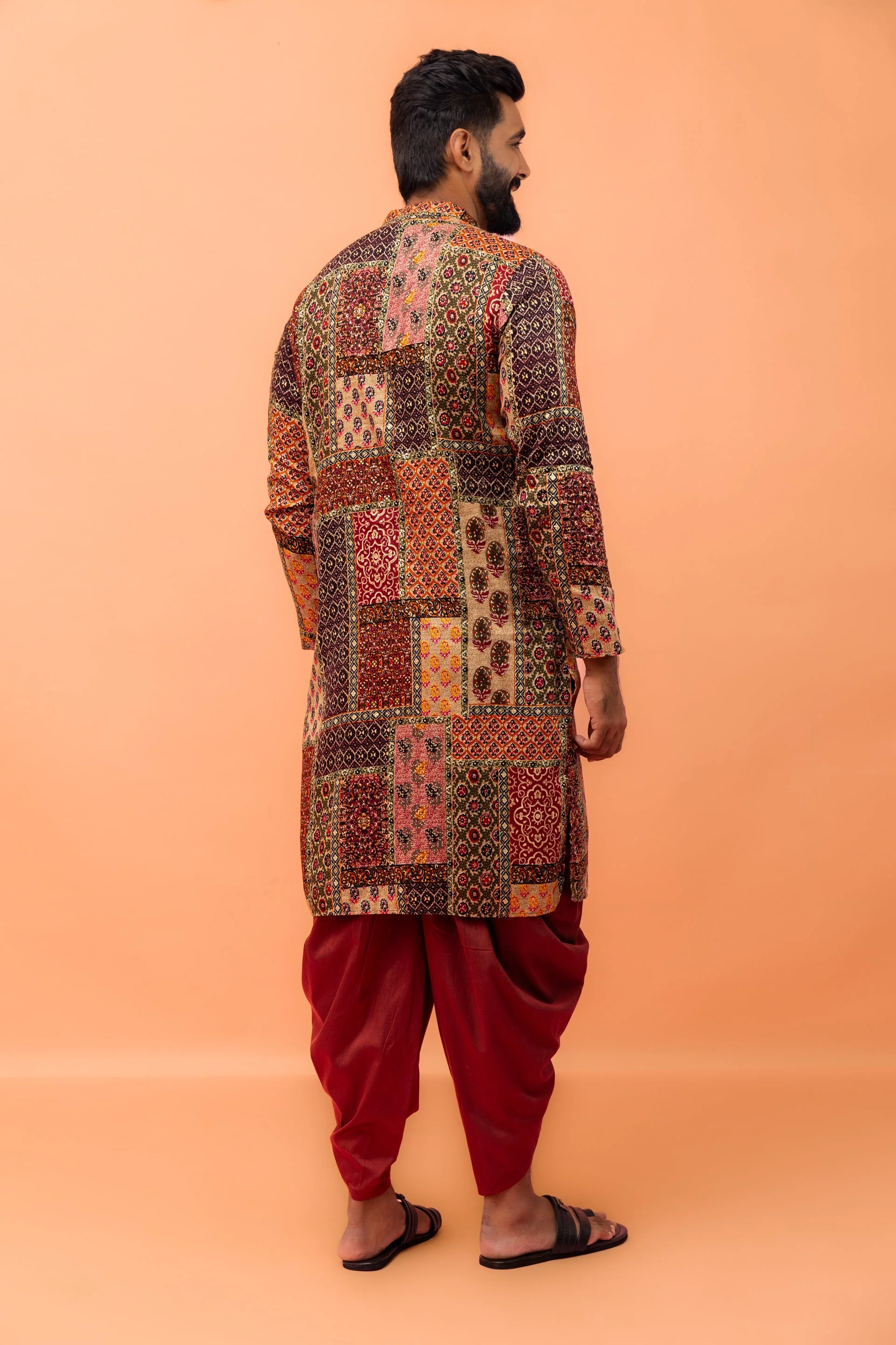 Men Multi-Color Patchwork Printed Kurta with Maroon Dhoti Set - Image 17