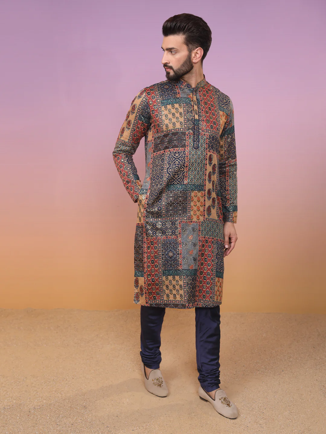 Multi-Color Patchwork Kurta with Navy Churidar - Image 2