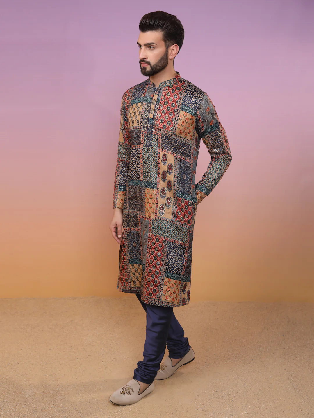 Multi-Color Patchwork Kurta with Navy Churidar - Image 3
