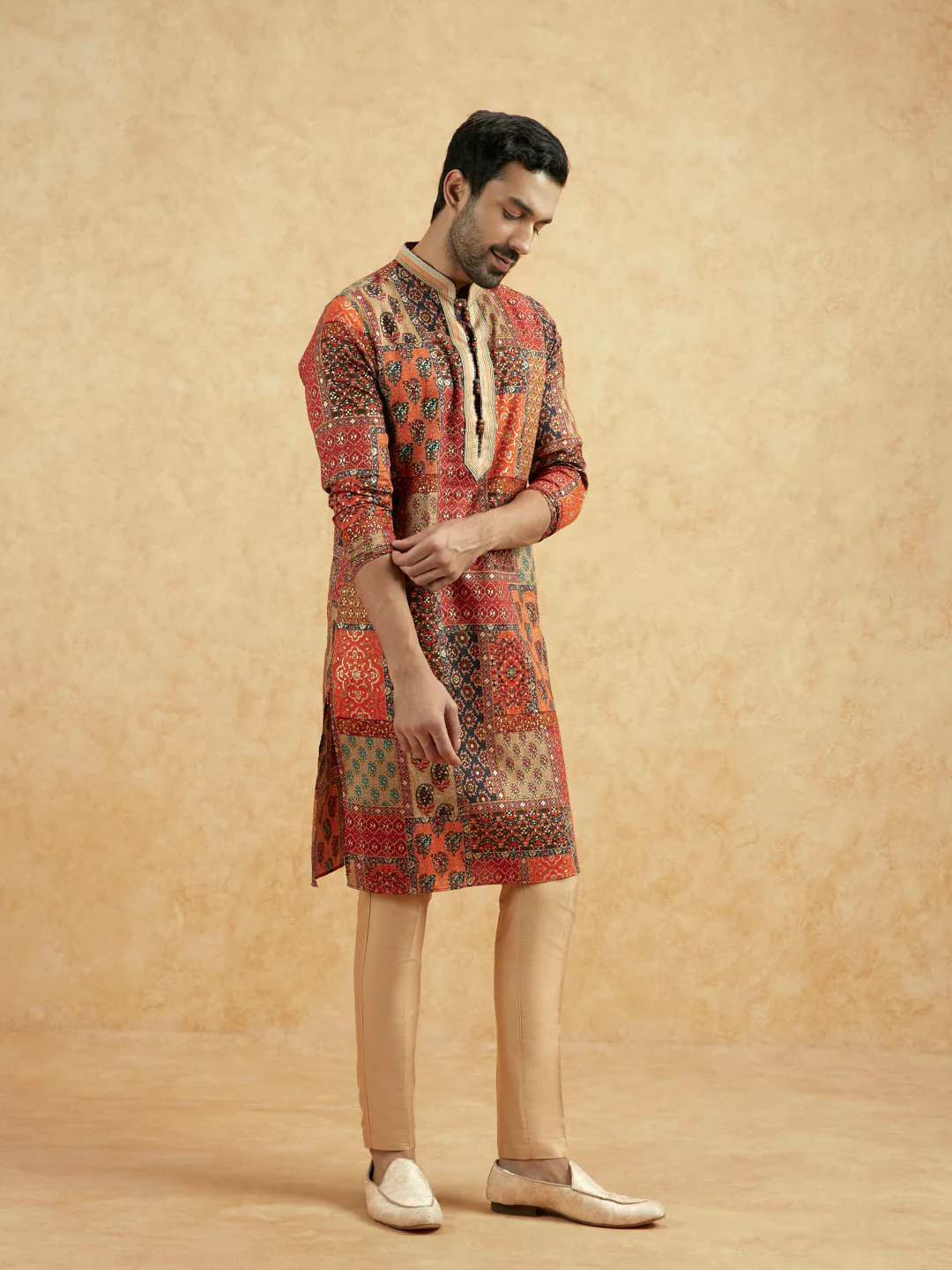 Red Beige Art Silk Printed Long Kurta - Image 3