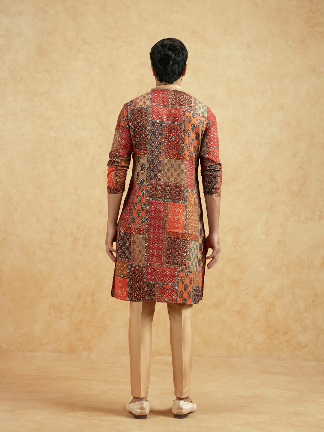 Red Beige Art Silk Printed Long Kurta - Image 5