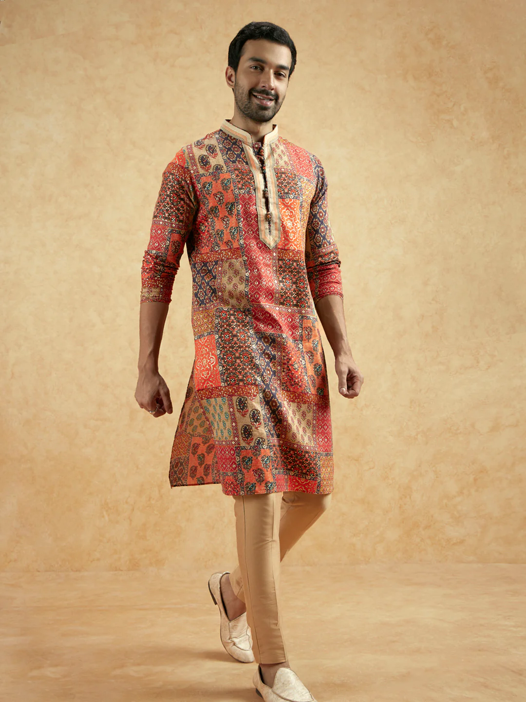 Red Beige Art Silk Printed Long Kurta - Image 6