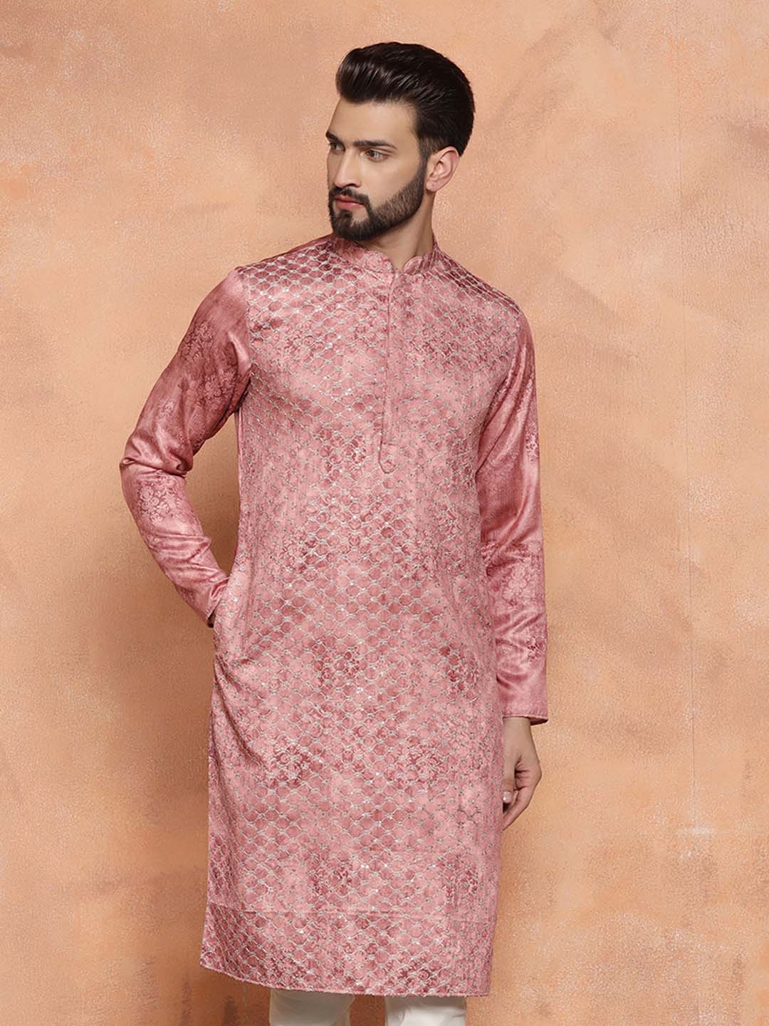 Pink Silk Blend Embroidered Long Kurta - Image 3