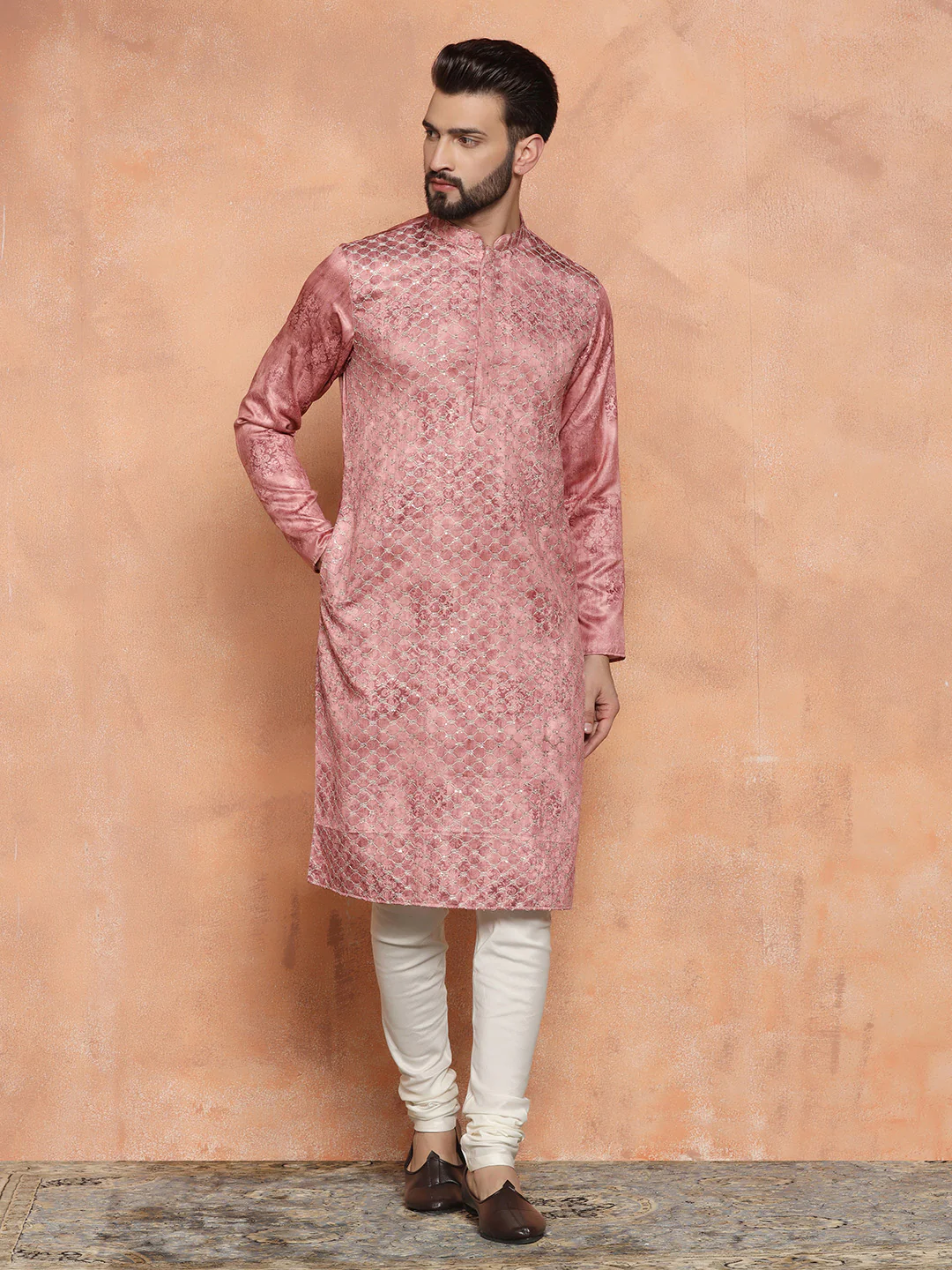 Pink Silk Blend Embroidered Long Kurta - Image 4