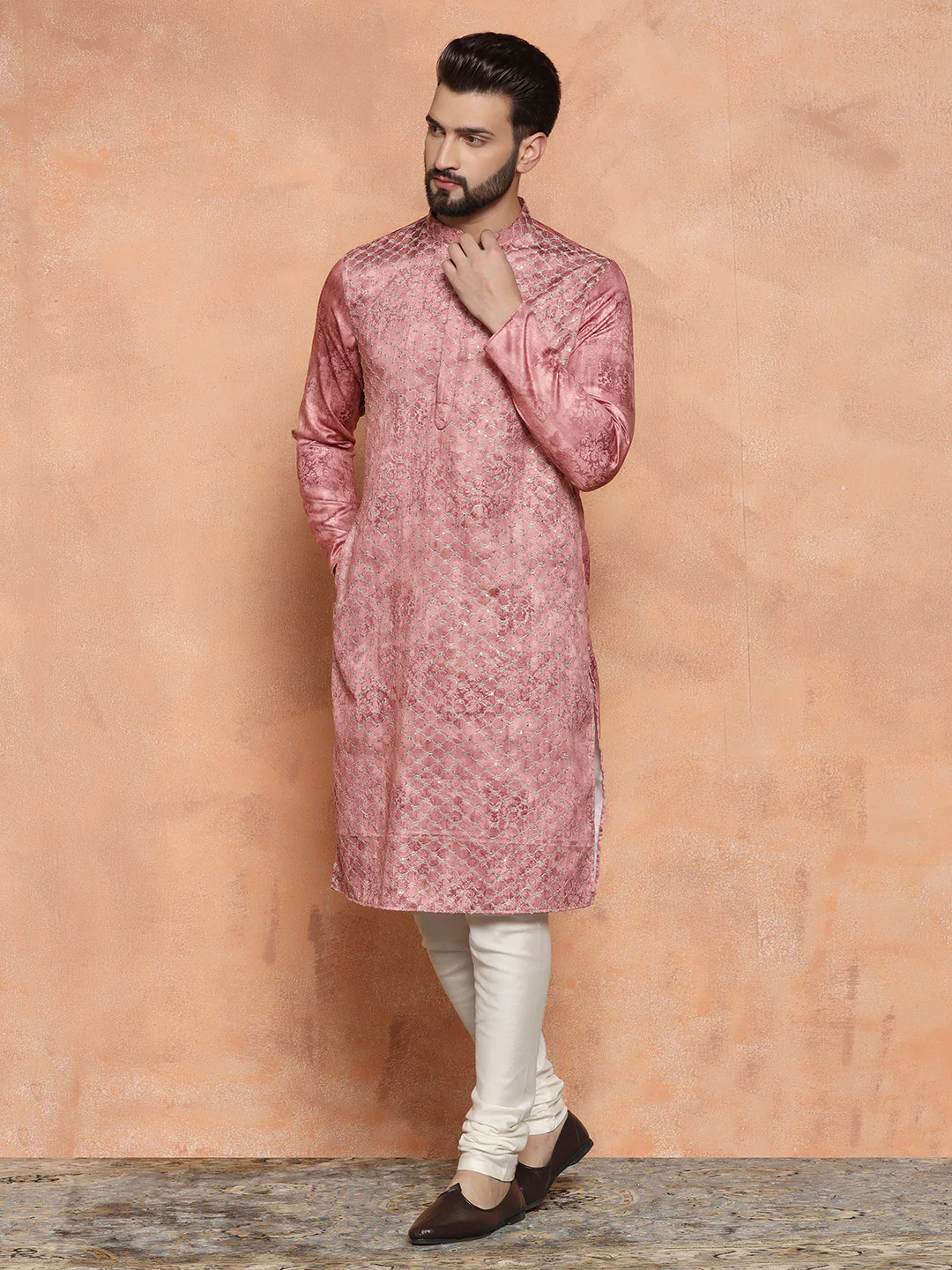 Pink Silk Blend Embroidered Long Kurta - Image 6