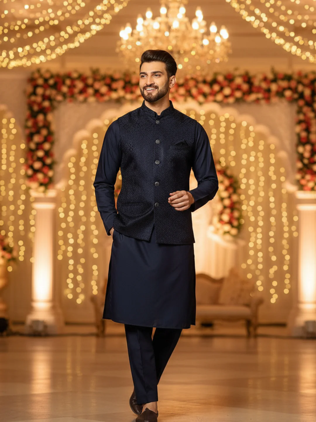 Navy Blue Silk Blend Textured Jacket Kurta Trouser - Image 2