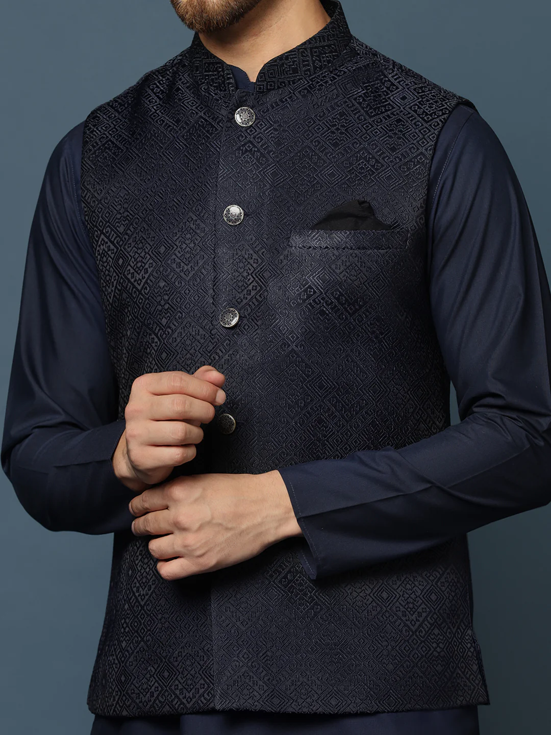 Navy Blue Silk Blend Textured Jacket Kurta Trouser - Image 7