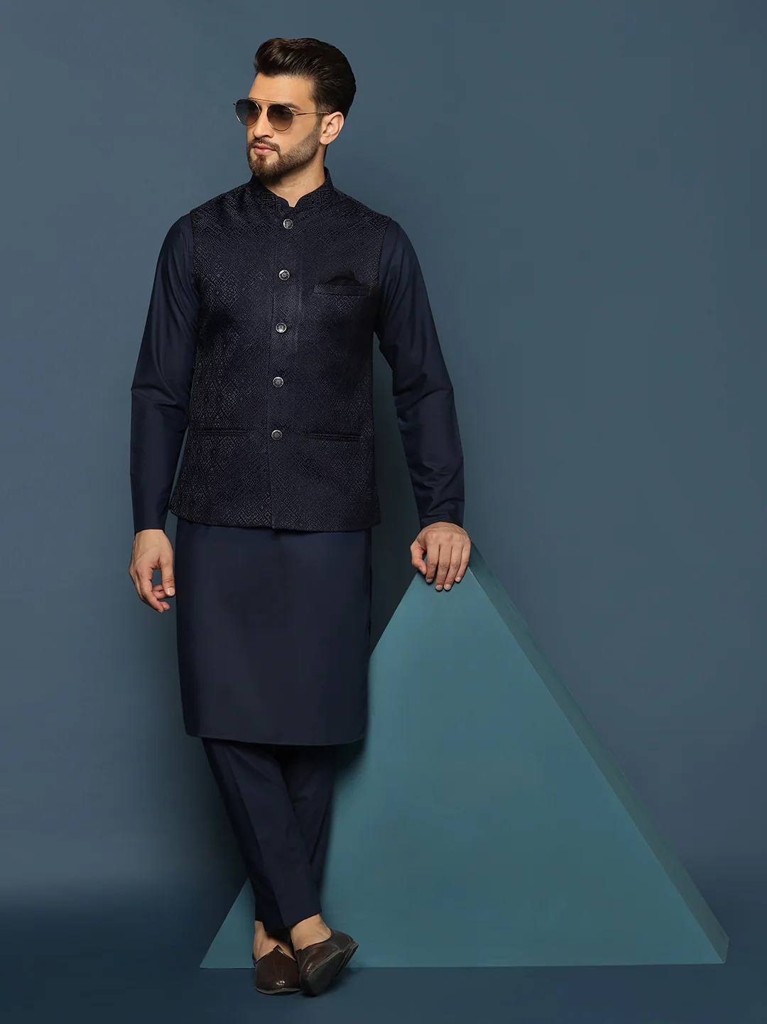 Navy Blue Silk Blend Textured Jacket Kurta Trouser - Image 9