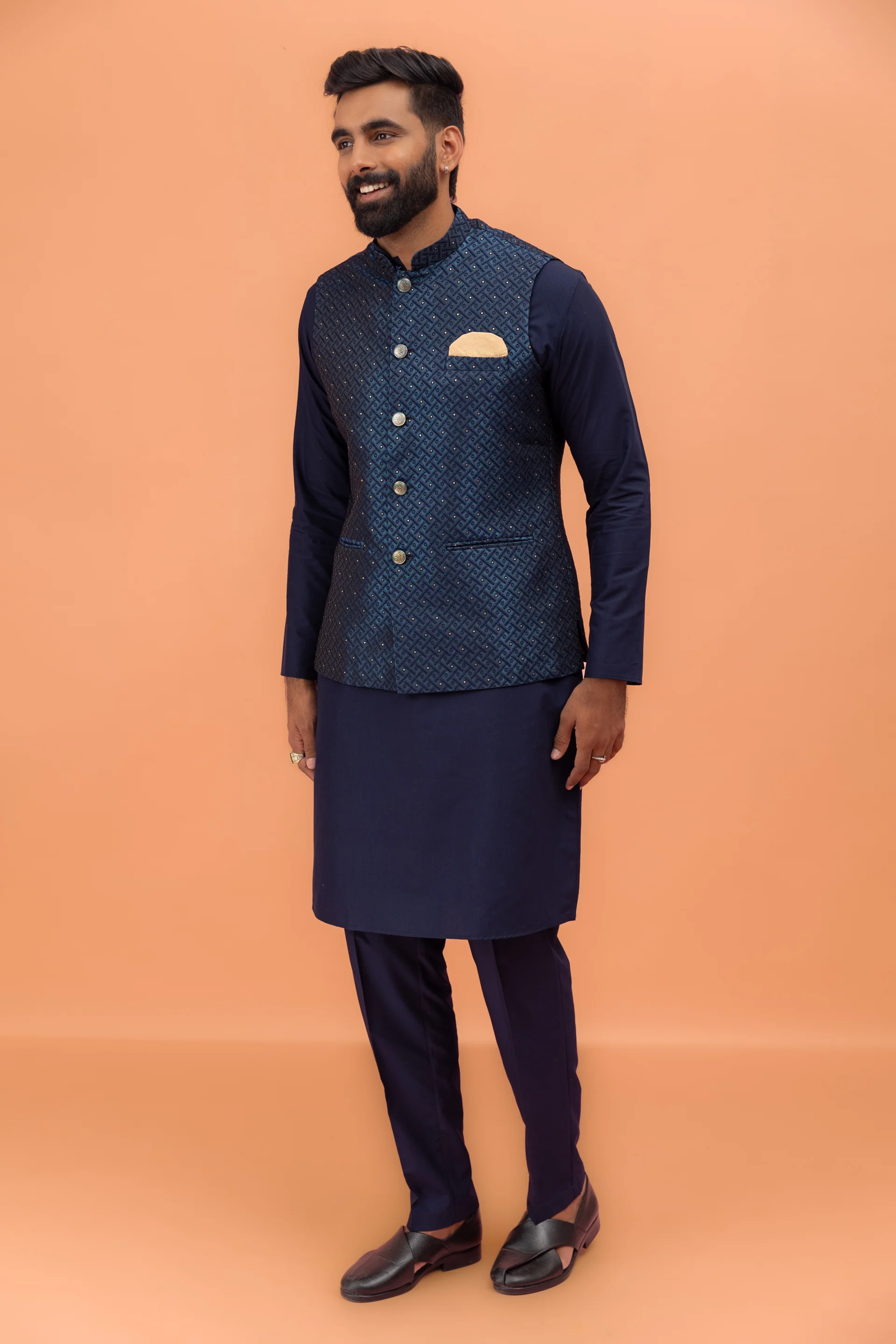 Navy Blue Silk Embellished Nehru Jacket Kurta Set - Image 2