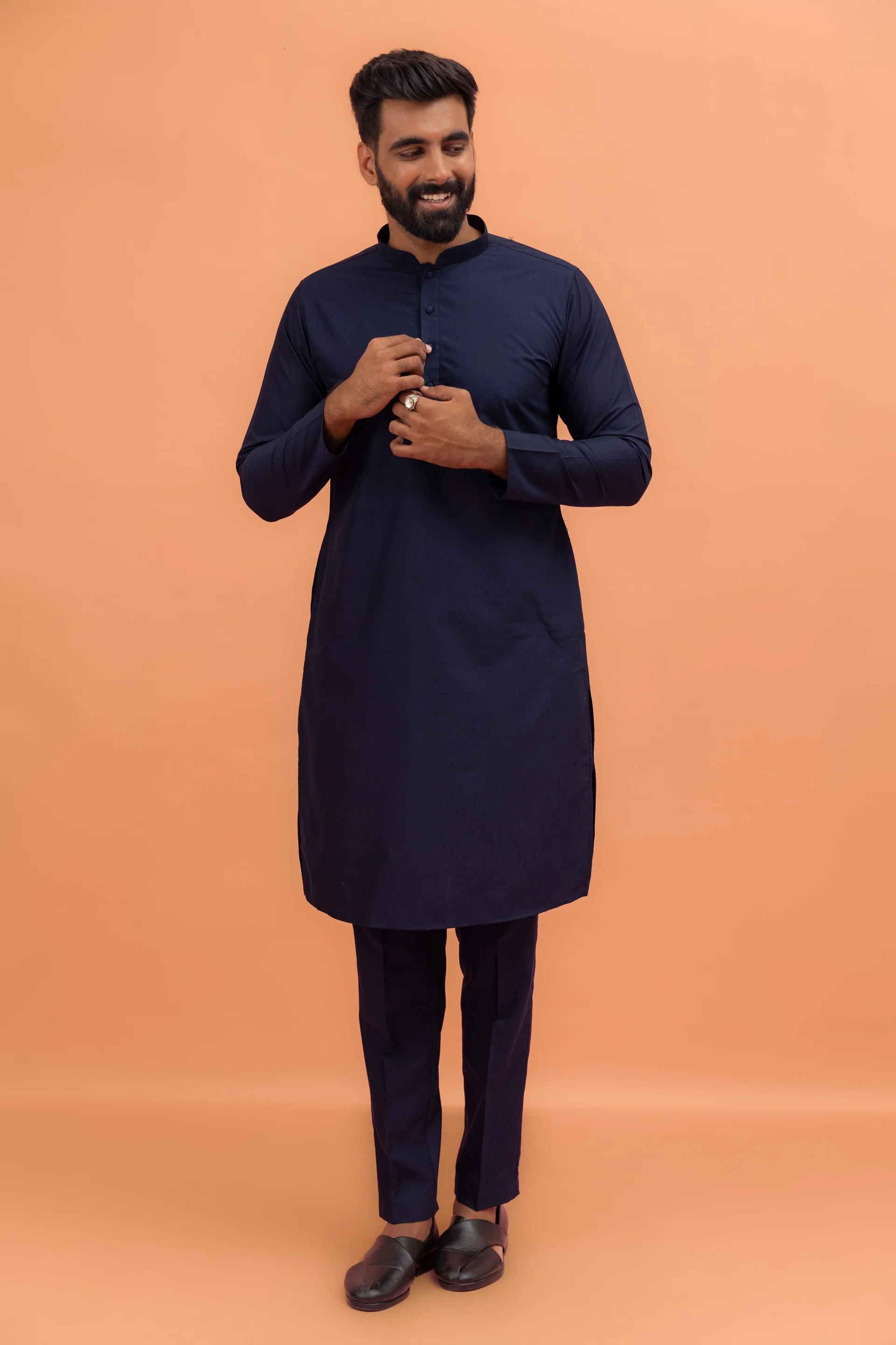 Navy Blue Silk Embellished Nehru Jacket Kurta Set - Image 6