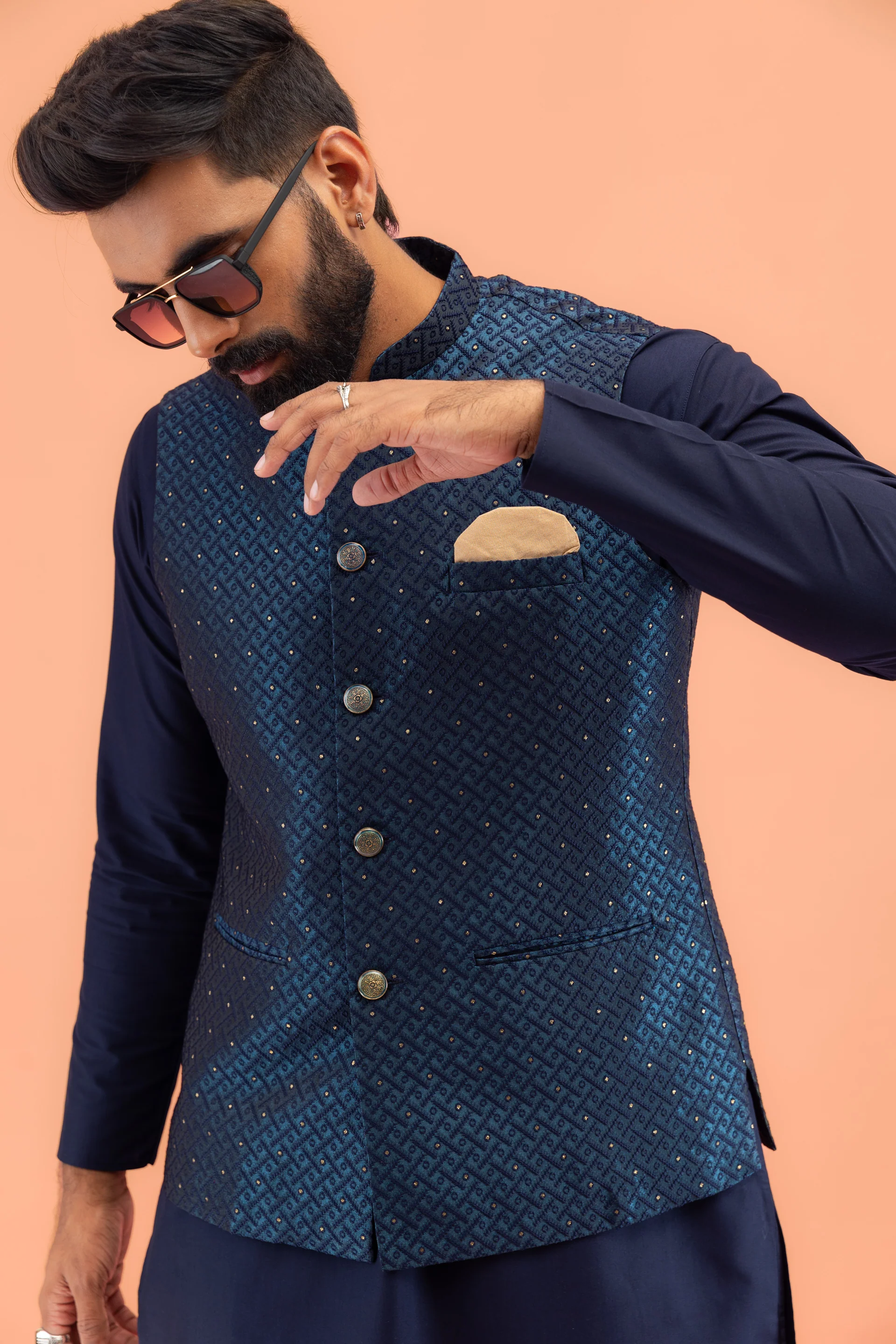 Navy Blue Silk Embellished Nehru Jacket Kurta Set - Image 7