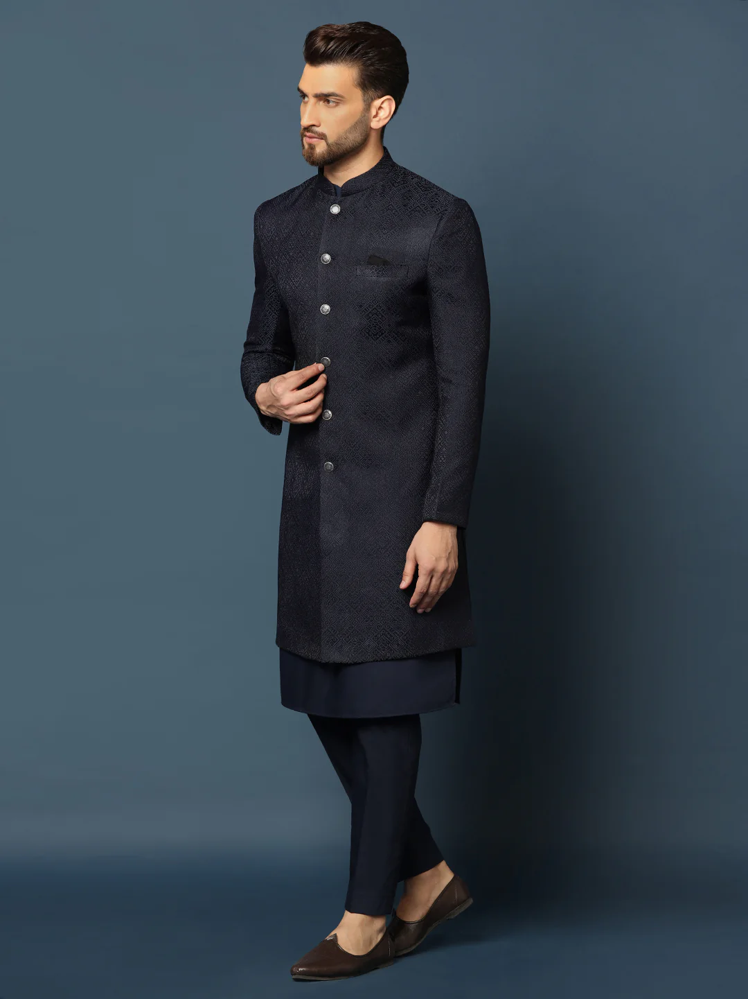 Navy Blue Woven Sherwani Trouser Set - Image 2
